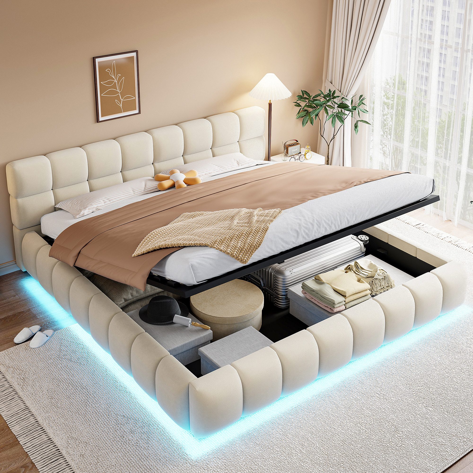 Merax Polsterbett mit LED-Licht & hydraulischem Stauraum (1-tlg), Doppelbet günstig online kaufen