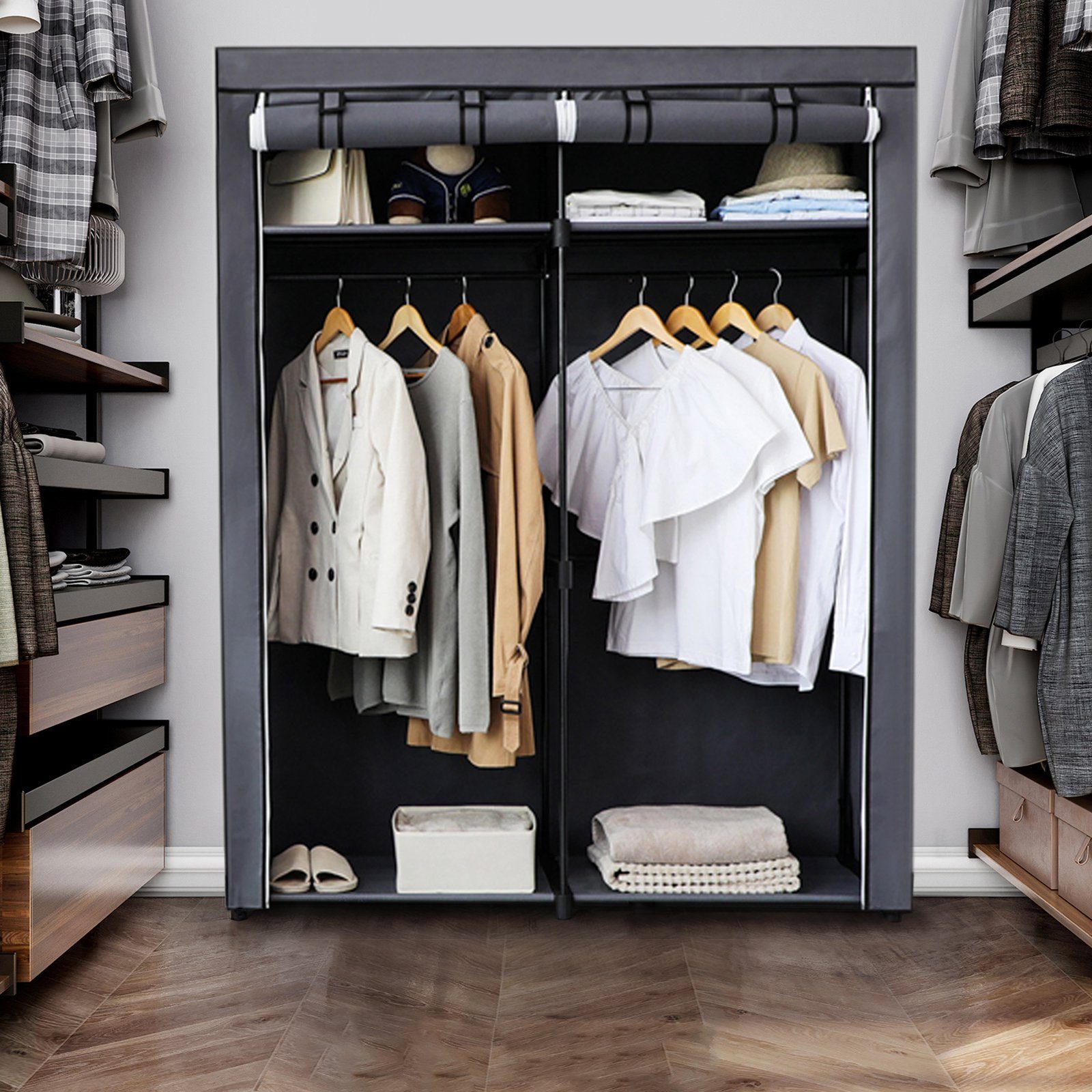 Songmics Kleiderschrank Ryg02bk Ryg02gy Garderobe Mit 2 Kleiderstangen Stoffschrank Kleiderstander Faltbar Schlafzimmer Grau Online Kaufen Otto