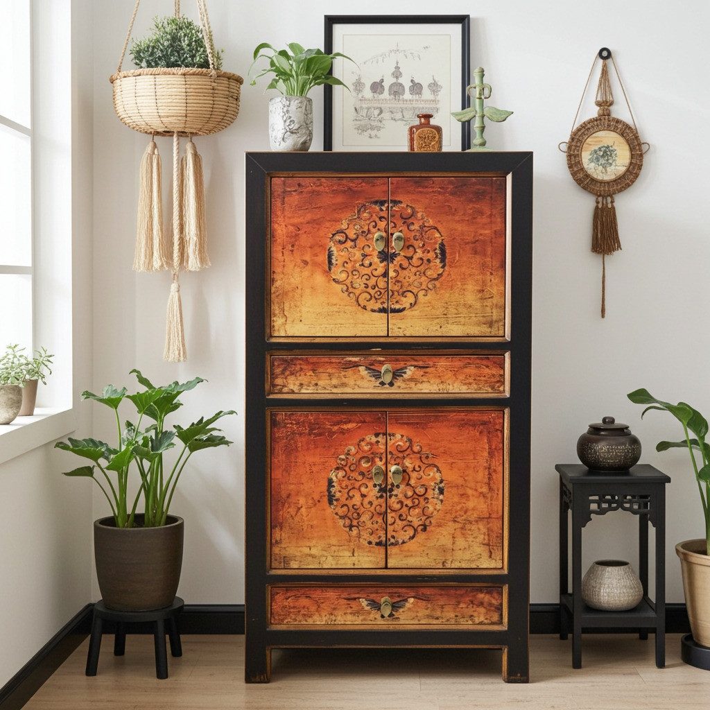 OPIUM OUTLET Kleiderschrank Chinesischer Hochzeitsschrank orientalischer Schrank Vintage Möbel (komplett montiert, asia asiatisch chinesisch orientalisch) Breite 80 cm; Höhe 154 cm; Tiefe 42 cm