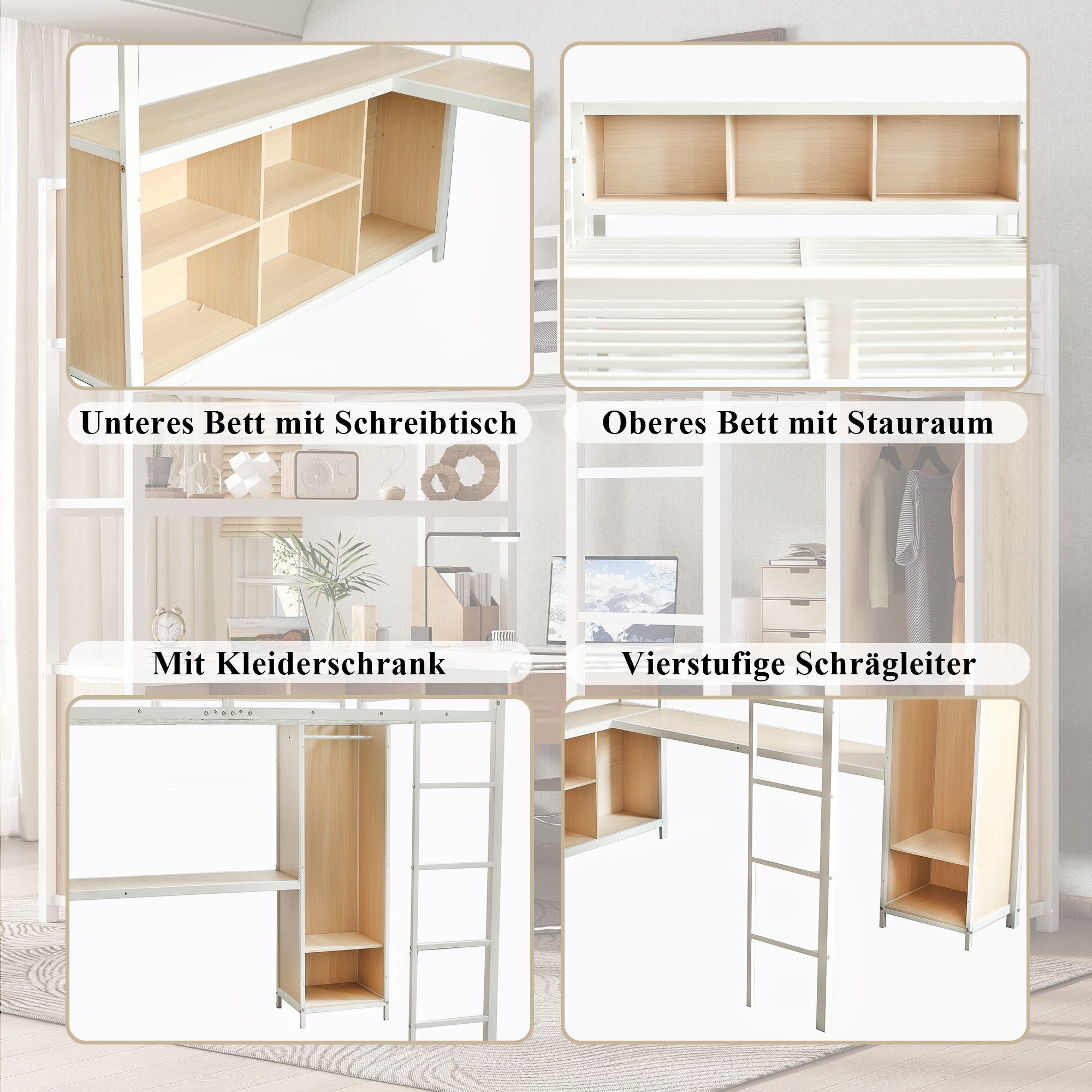 Odikalo Hochbett 140x200 Metallbett mit Schreibtisch Jugendbett Kinderbett (Eisenbett, Hochbett, Doppelstöckiger Stauraum unter dem Schreibtisch, Oberes Bett mit Stauraum, Mit Kleiderschrank, Eisen + Spanplatte, Schwarz / Weiß, 140x200cm) Stabile Lattenroste,Vierstufige Leiter, Geräumige und bequeme Bettmaße