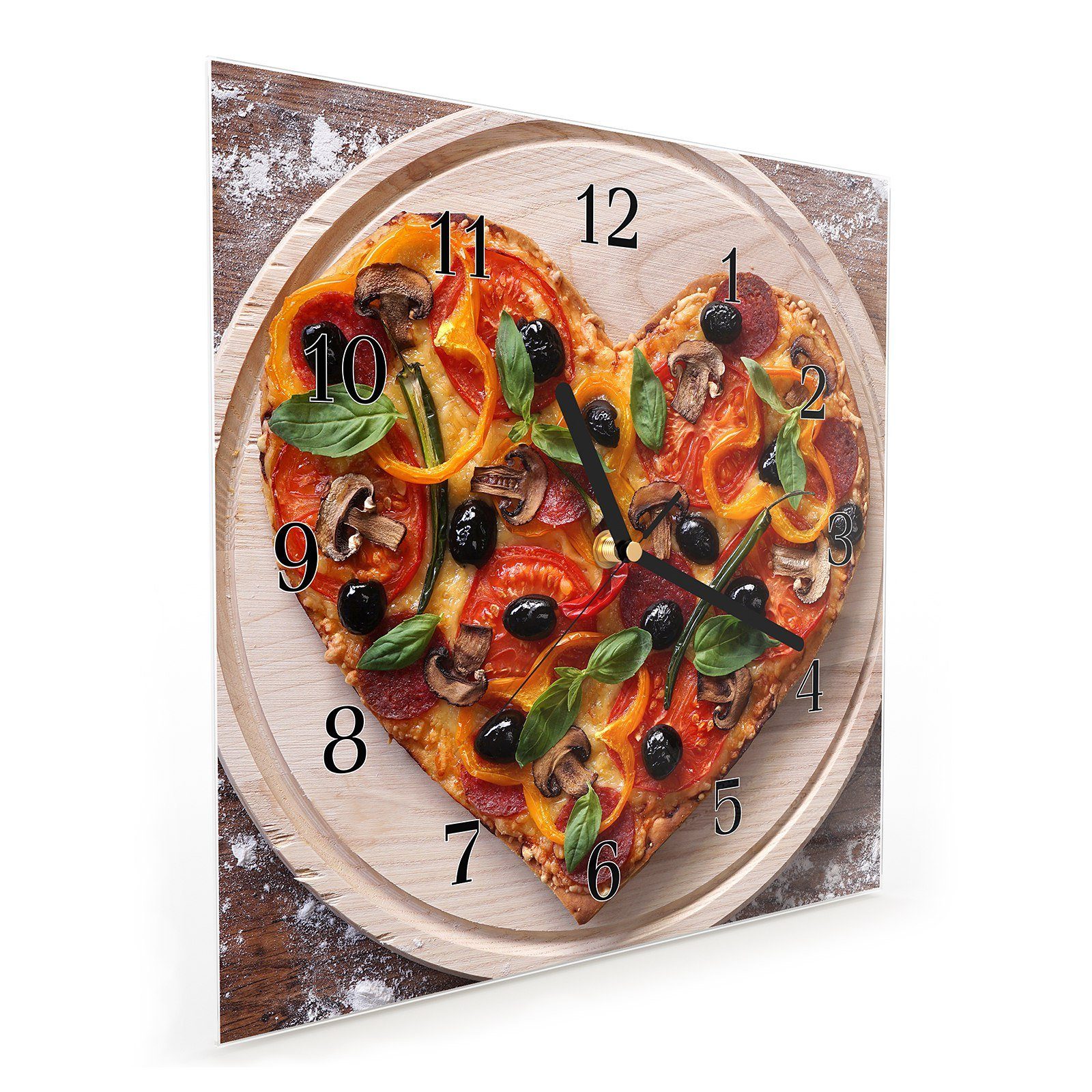 Pizza Primedeco Motiv cm Herz x Wandkunst aus 30 30 Wanduhr mit Glasuhr Wanduhr Größe