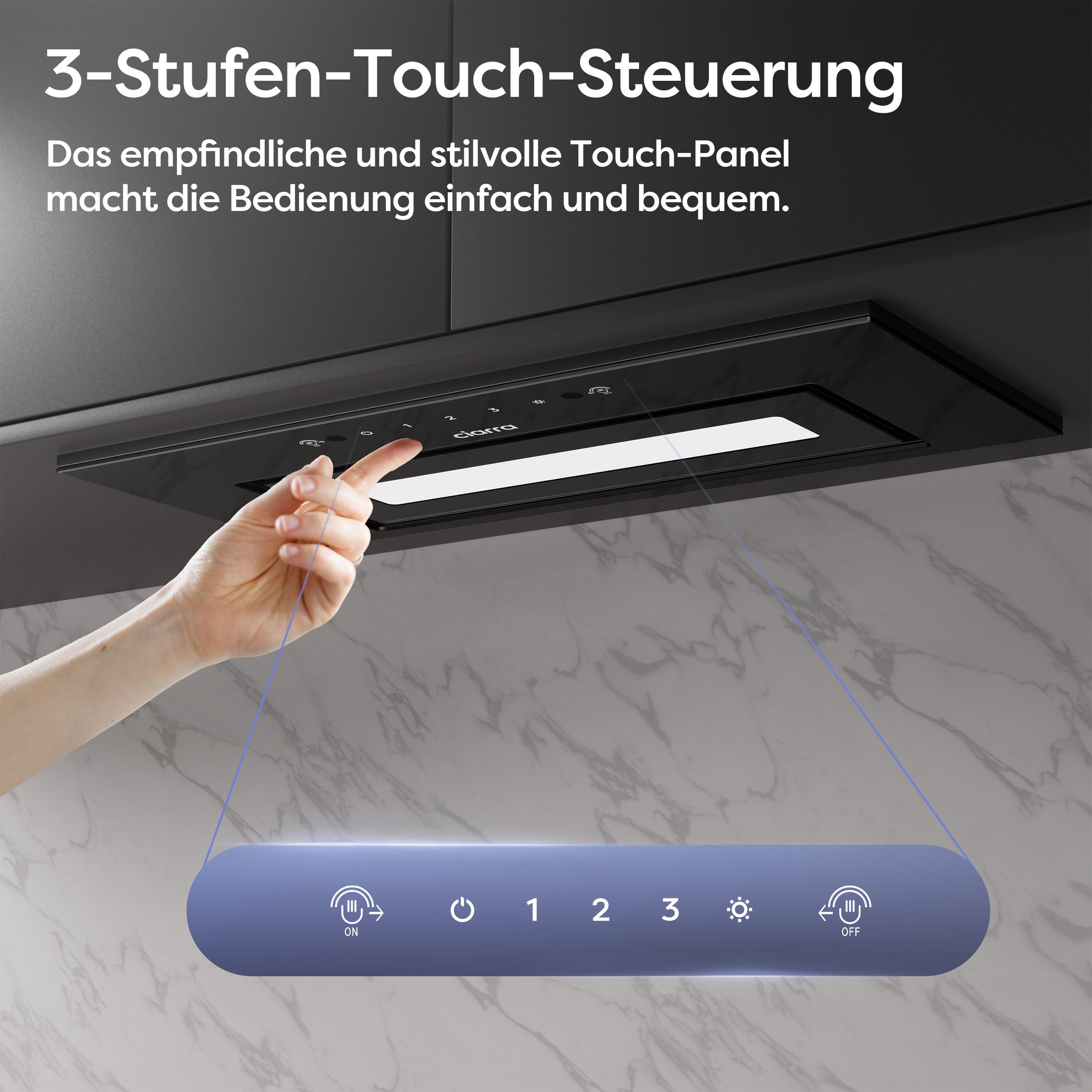 CIARRA Unterbauhaube 60 cm Einbauhaube 460 m³/h Abluft & Umluft leise A 3 Stufen VMB6931B Einbau-Dunstabzugshaube für Küchenschrank Touch & Wave Control Schwarz – Bild 5 von 5