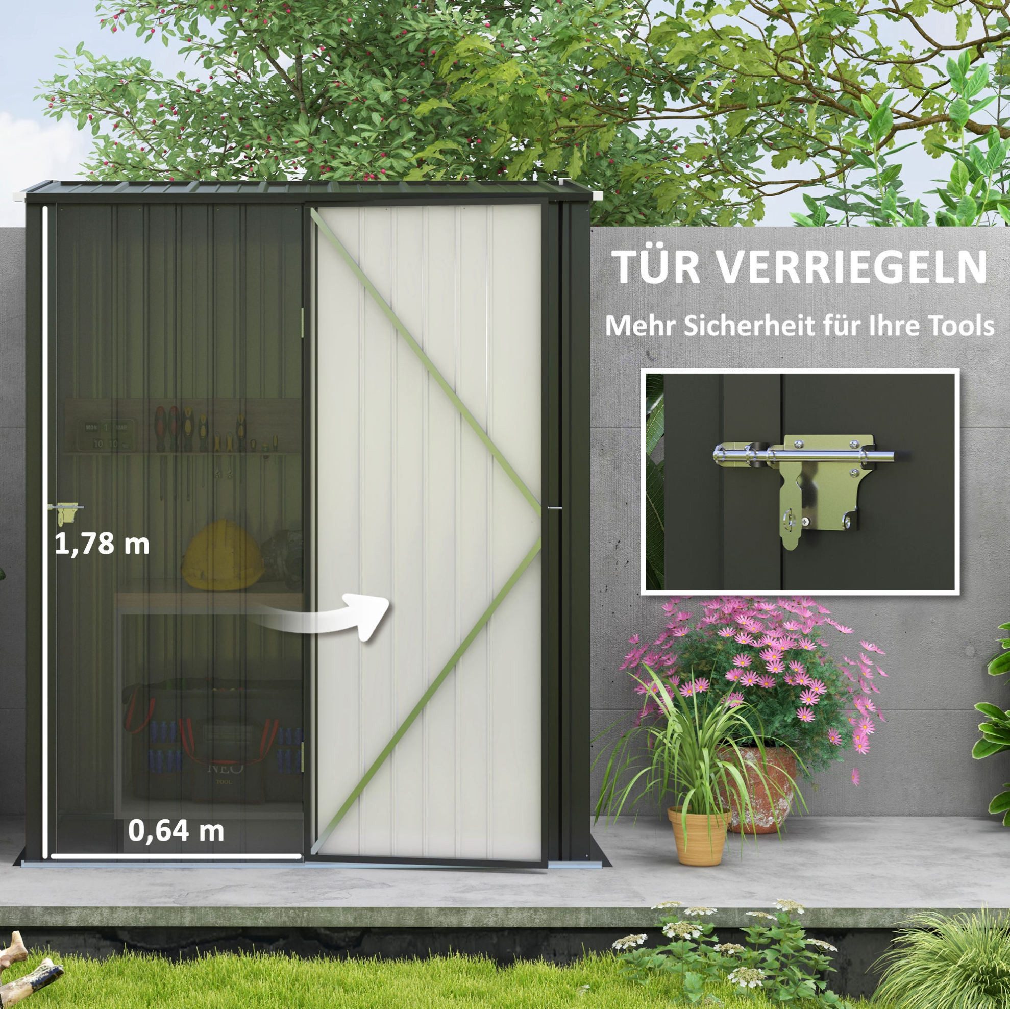 REDOM Gerätehaus Gartenhaus Geräteschrank Schwarz 161,5x94,5x196 cm, BxT: 161.5x94.5 cm, (Packung, 1 St., Gartenhaus zur Aufbewahrung von Werkzeugen für Garten & Terrasse), Aufbewahrungsschrank Metall mit Schloss und Pultdach Garten