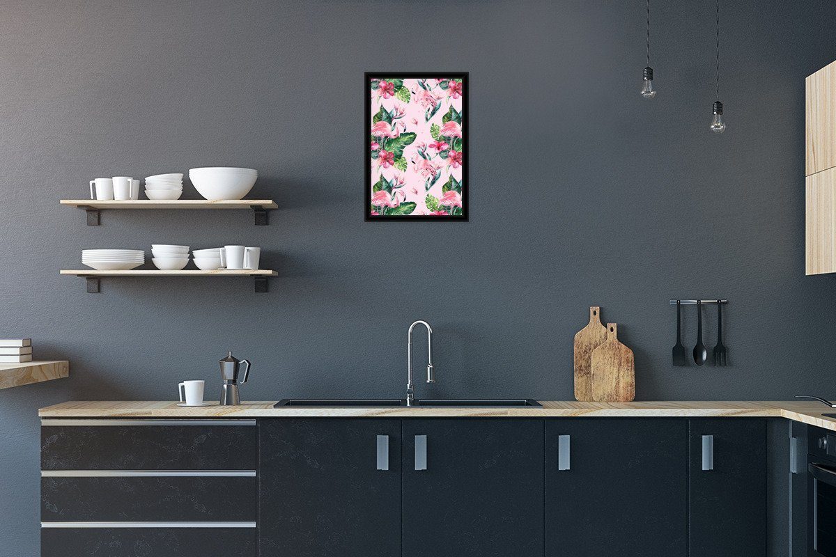 MuchoWow Poster Blumen - Flamingo - Pflanzen, (1 St), Gerahmtes Poster, Wanddeko, Bilder, Wandposter, Schwarzem Bilderrahmen
