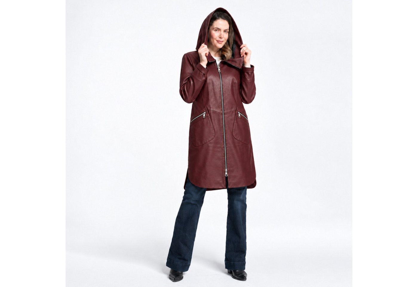 Mouflon Lederjacke Alina Damen Ledermantel Echtleder in moderner Long-Optik mit Kapuze