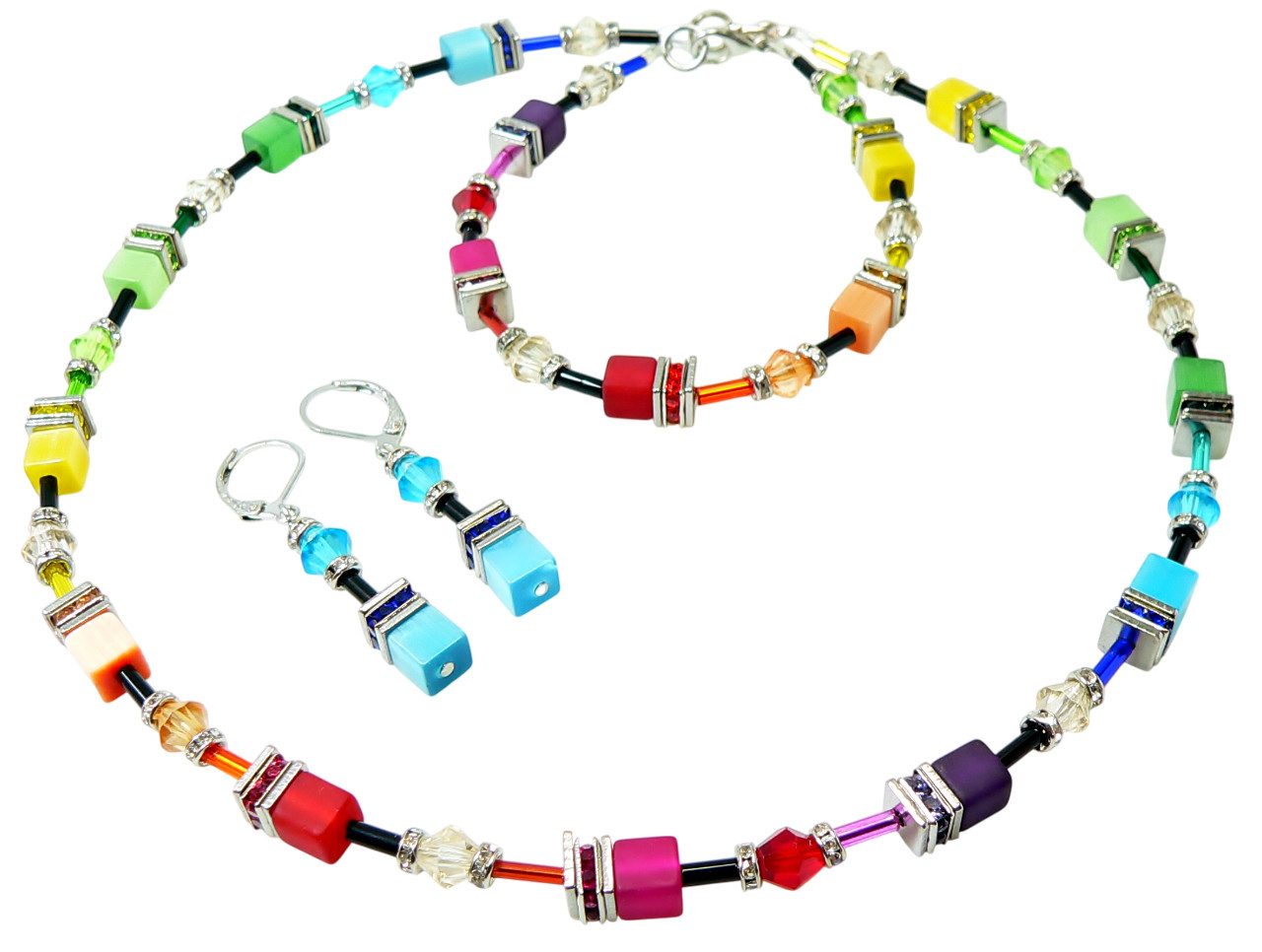 Schmuckset 500i-s Schmuckset Würfelkette Armband Ohrringe, bunt, farbig Strass