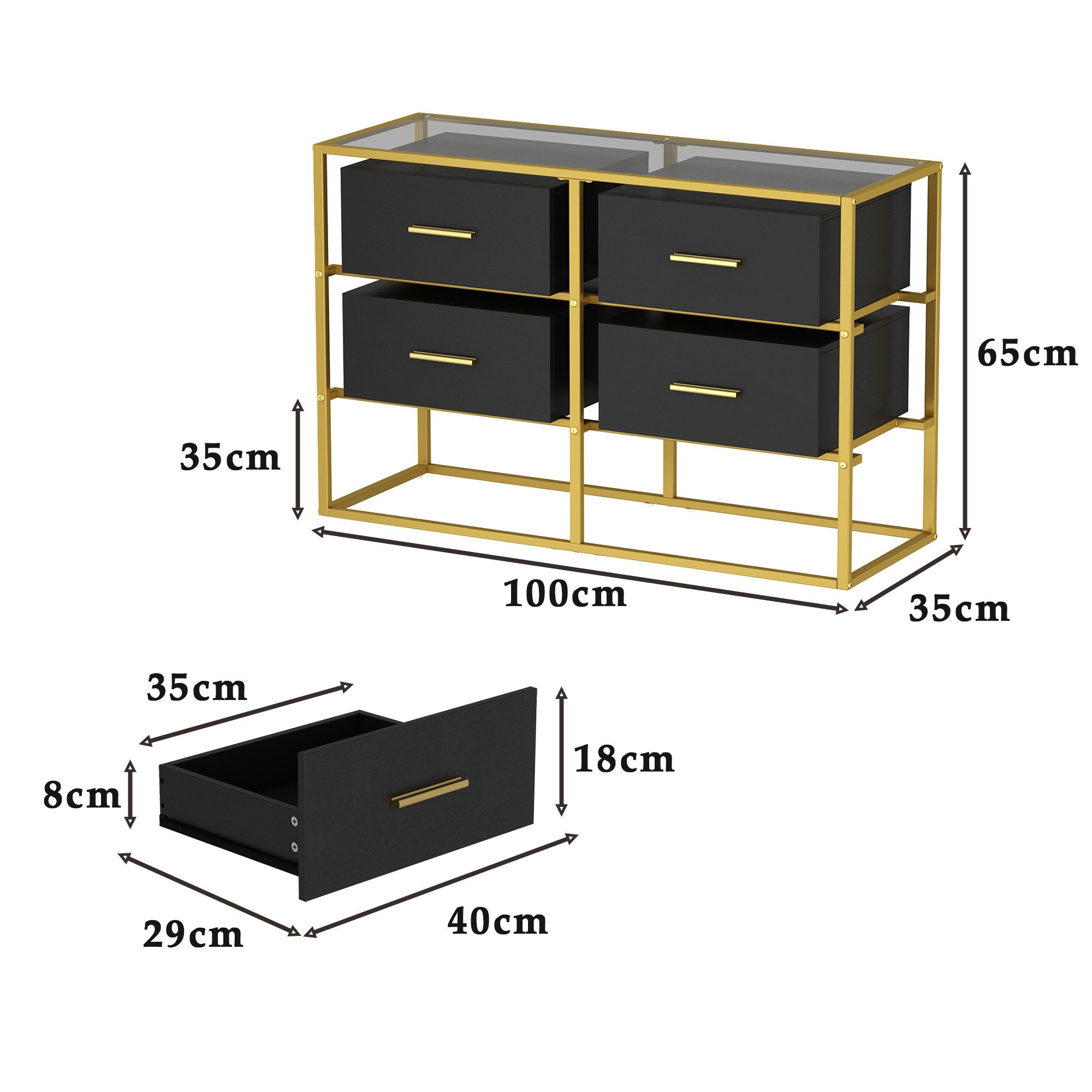 HOMSEE Sideboard Glas-Kommode mit 4 Schubladen, Schwarz-Gold, 100x35x65 cm (1 St)