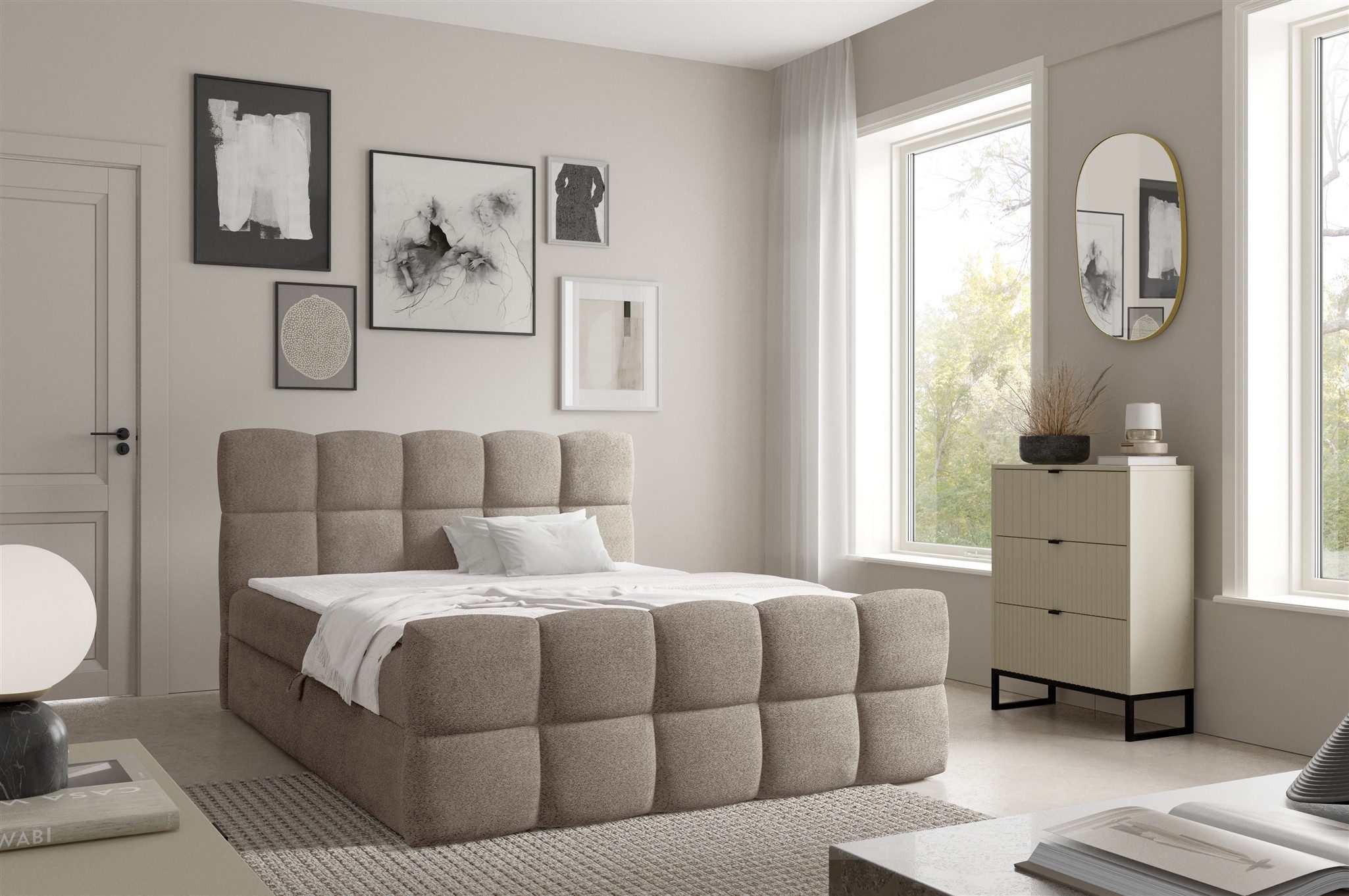 Fun Möbel Boxbett Schlafzimmerbett SATINE Überlänge Stoff Coral (220cm) (inkl. Kaltschaumtopper, inkl. Bonellfederkernmatratze), inkl. Bettkasten