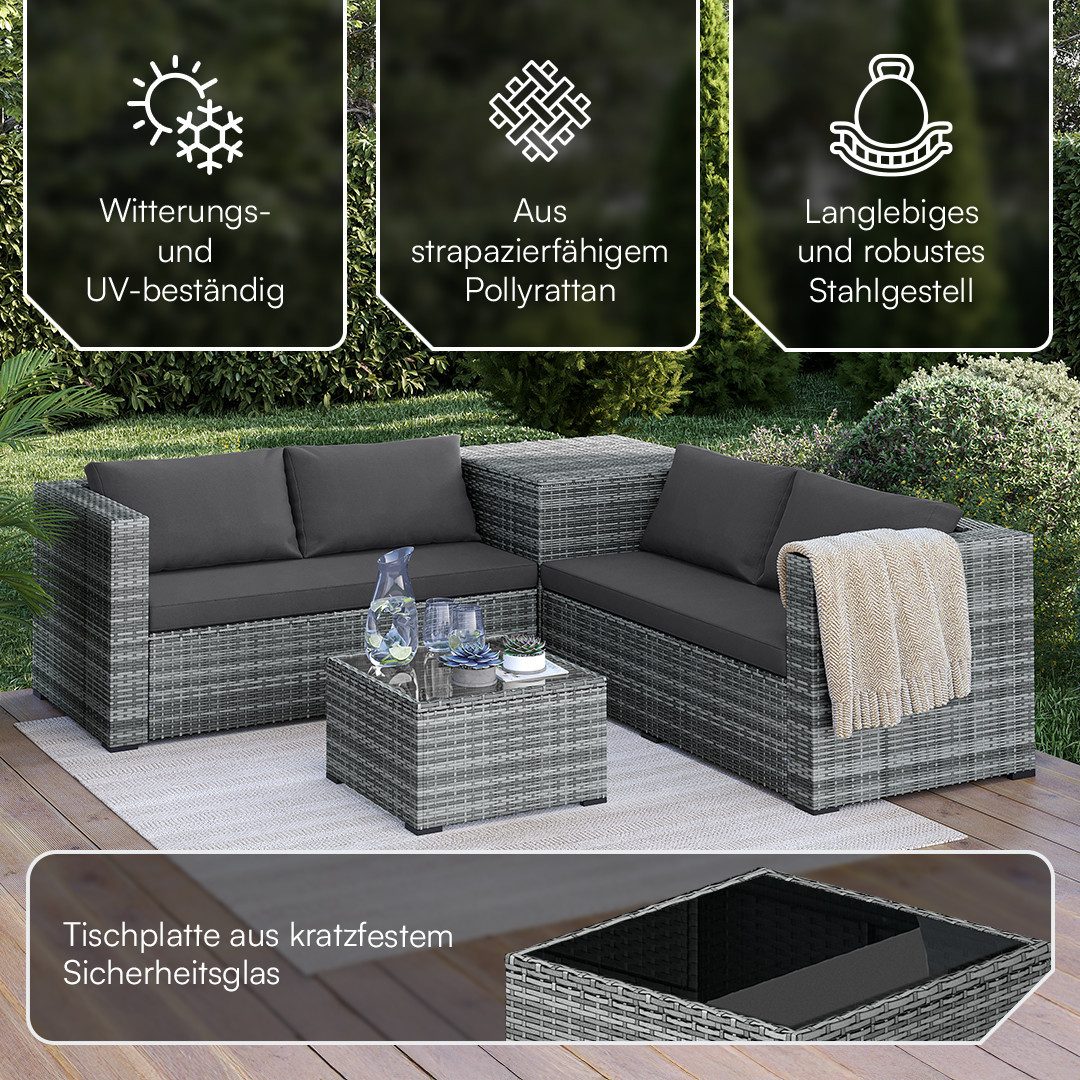 STEELSØN Sitzgruppe Veloria modulare Lounge-Sitzgarnitur für Garten, Terrasse & Balkon, (grau/anthrazit, Polyrattan/Metall, für 4 Personen), mit 2 Sofas, 1 Tisch & 1 Aufbewahrungsbox (ohne Sessel)