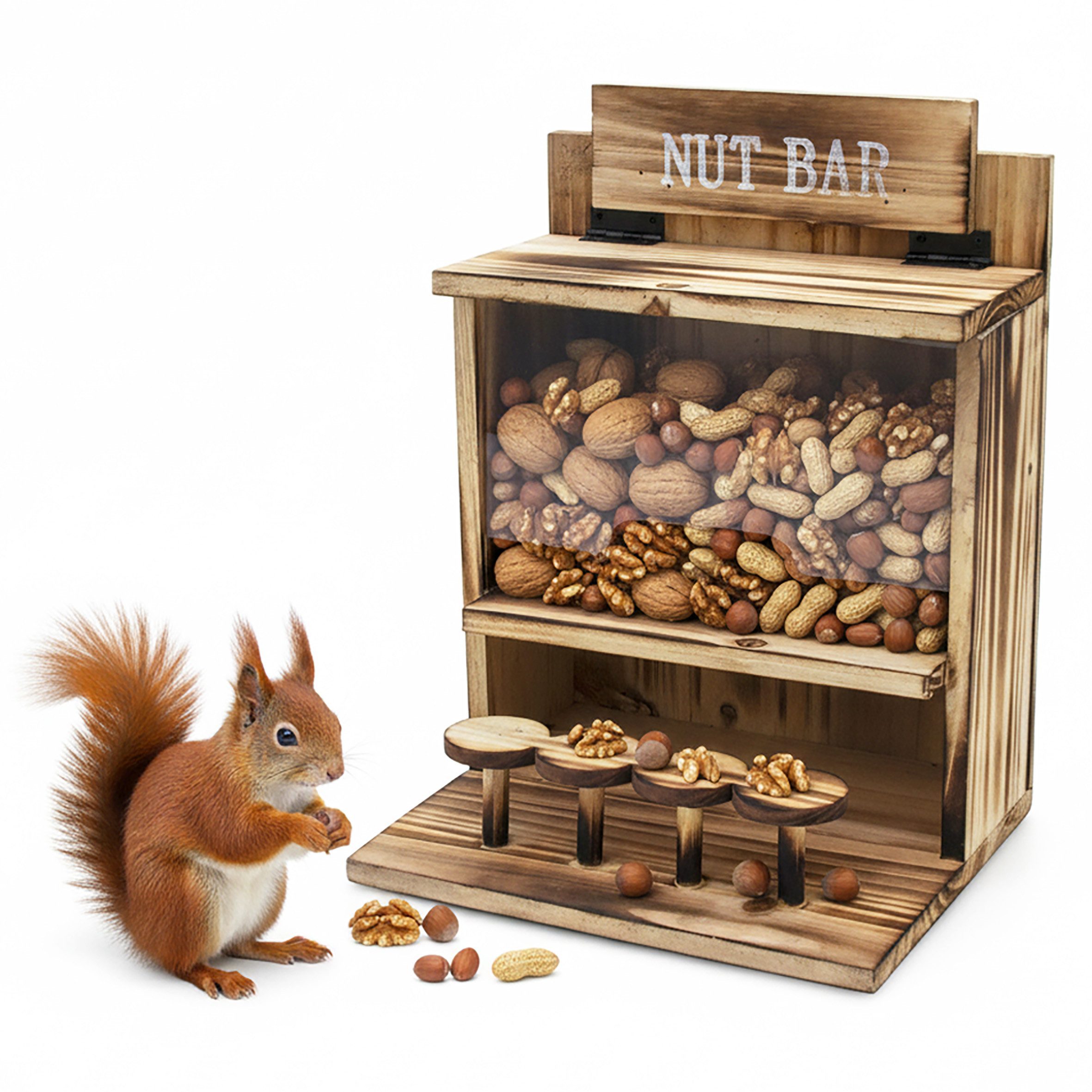 Spetebo Futterstation Eichhörnchen Futterstation NUT BAR aus Holz - 32 x 24 cm, Holz / Acryl, Praktischer Klappdeckel