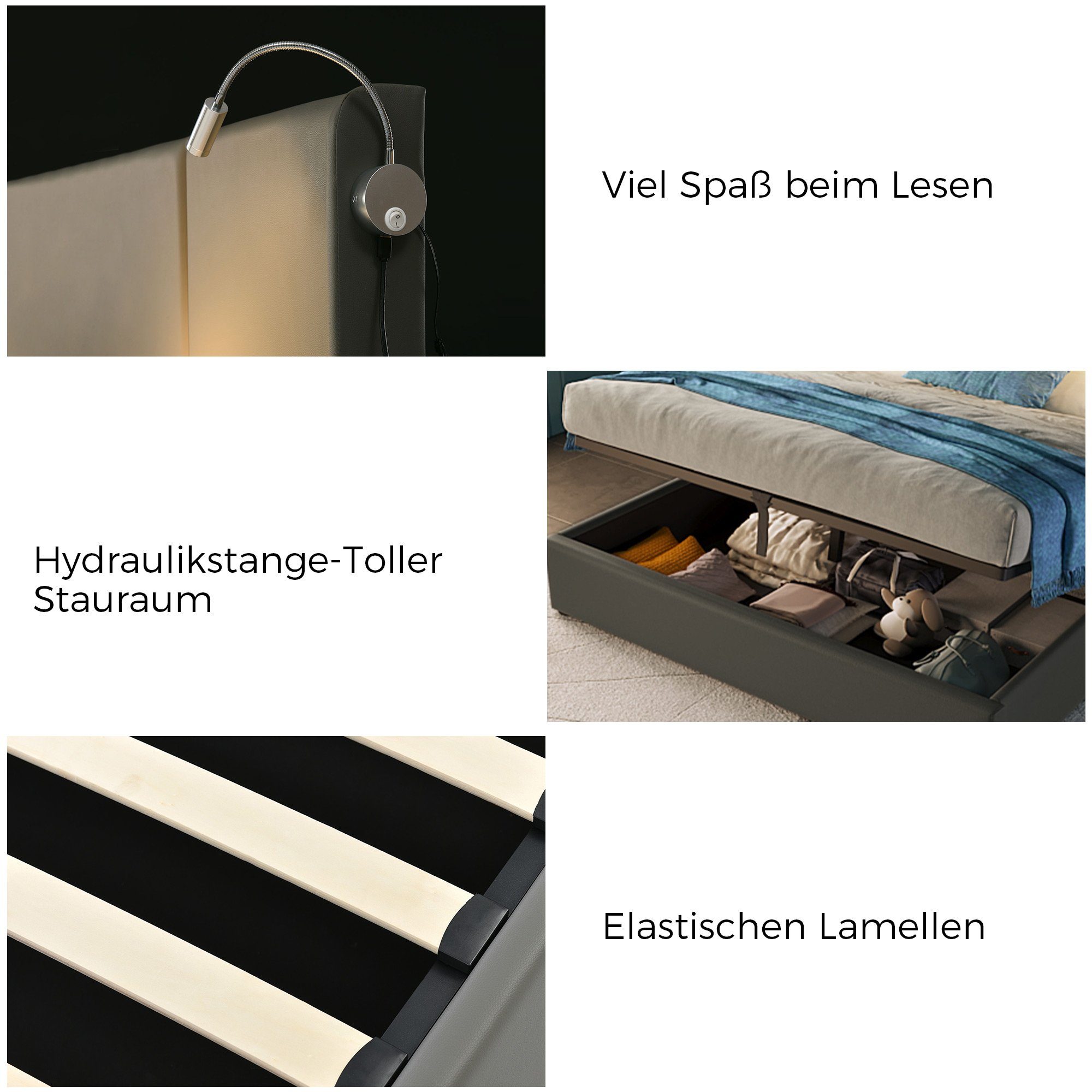 Polsterbett (Hydraulisches Stauraumbett mit Bettkasten und Lattenrost), mit Leselicht und USB Ladefunktion, Kunstleder, 160 x 200cm