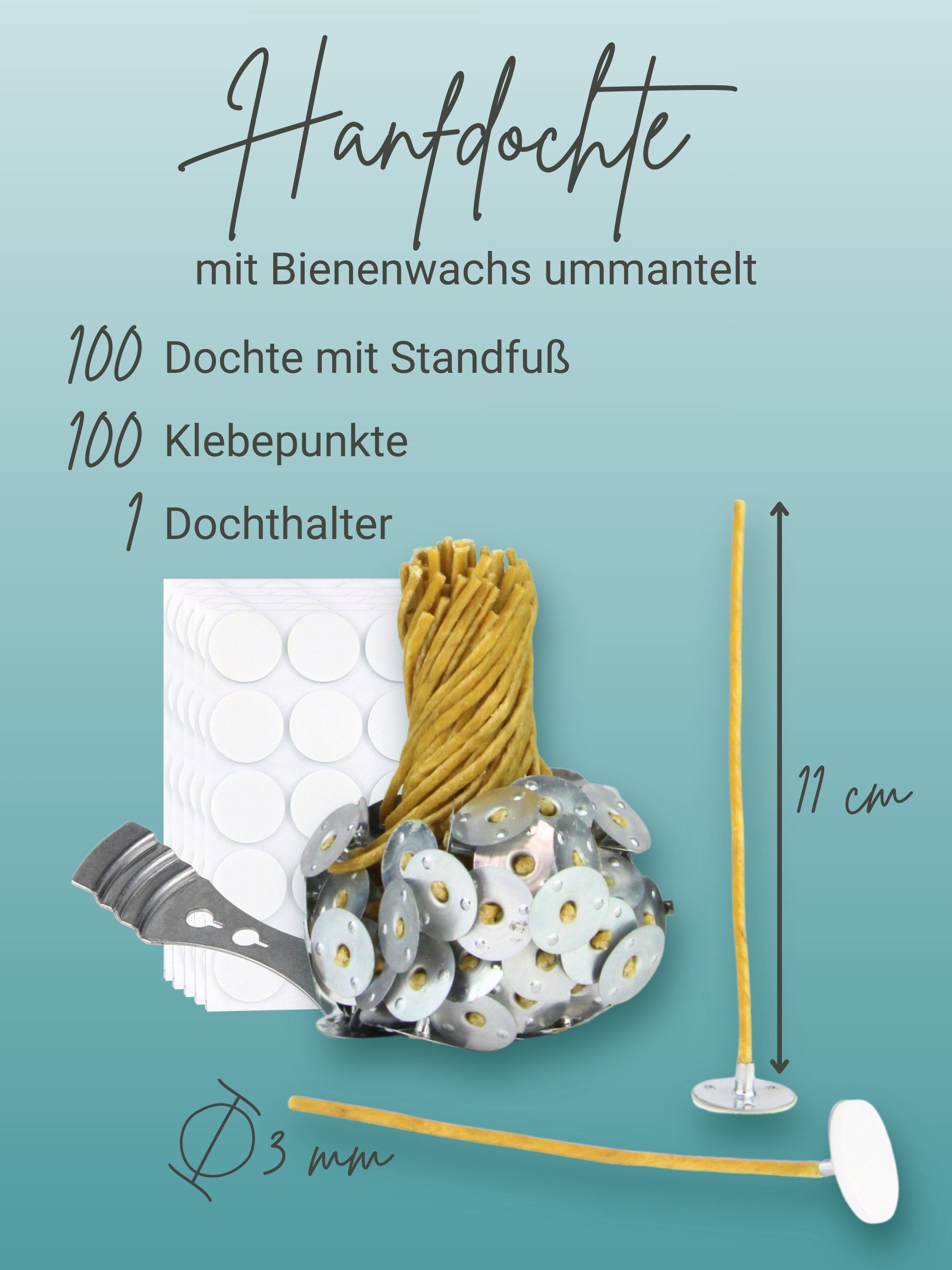 Wachsmann Bienenprodukte Bienenwachskerze 100 Kerzendochte (mit Metallfüßchen, Klebepunkten und Dochthalter), Ruhiges, rußarmes Brennen, paraffinfrei.