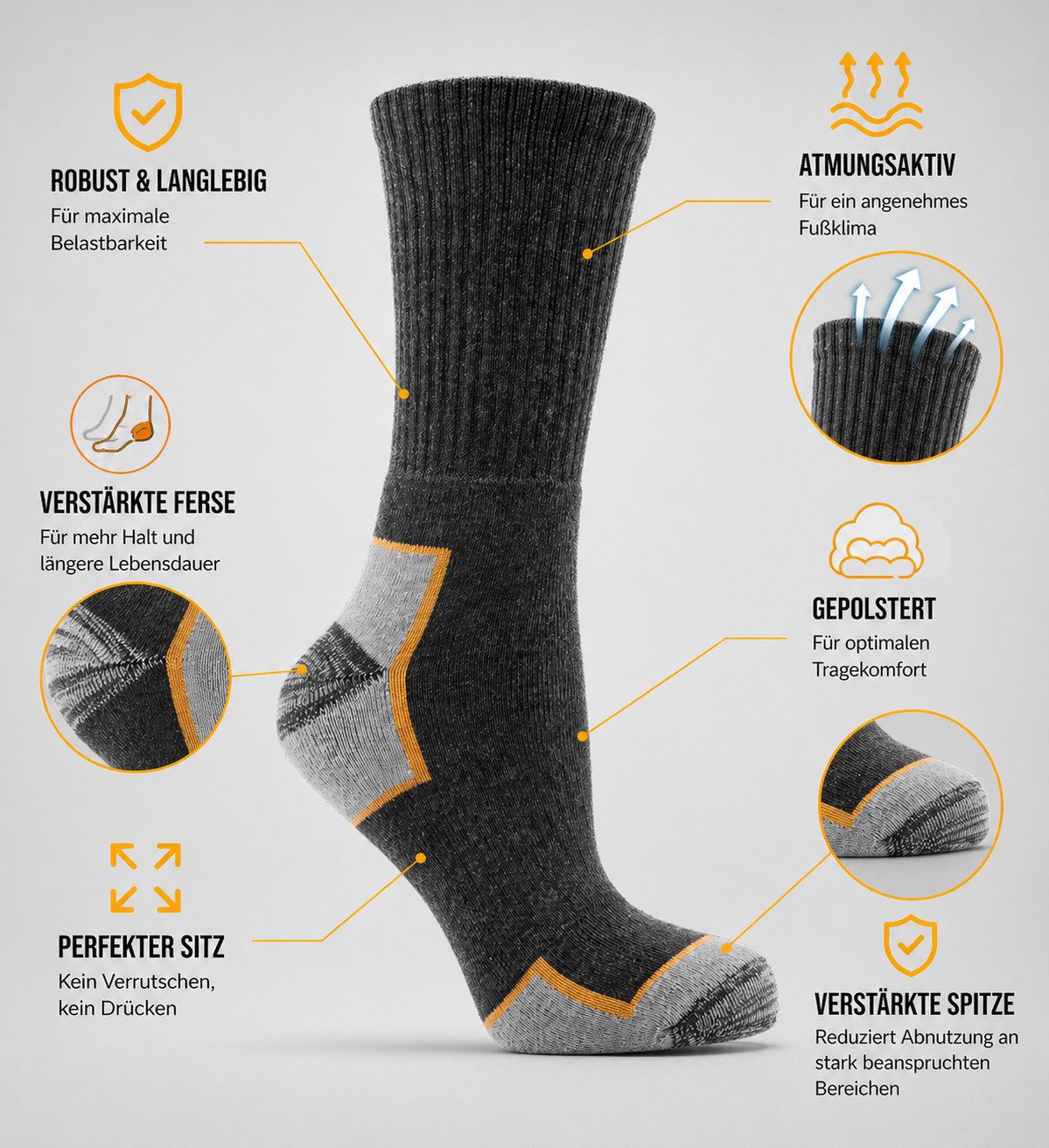 WORKSHIELD Arbeitssocken Herren – Robuste & gepolsterte Socken, atmungsaktiv, (10-Paar) verstärkte Ferse & Spitze, perfekter Sitz, für Arbeit & Alltag