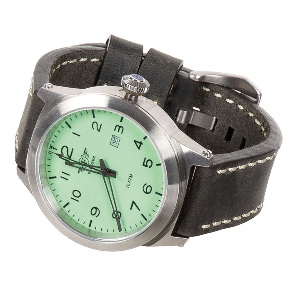 FLIEGER Fliegeruhr Armbanduhr, Lederarmband grau, mit Etui, (mit Armband),  aus Edelstahl