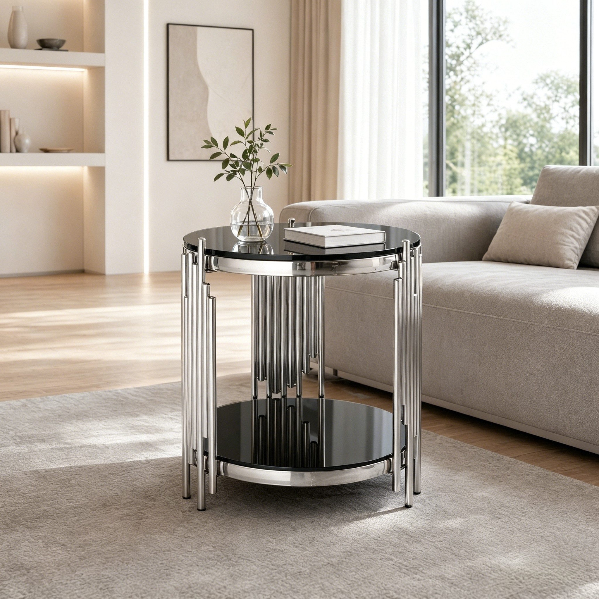 OKWISH 45x45x55 cm Runder Glas-Endtisch mit Edelstahlbeinen (Packung, 1-St., Luxuriöser Seitentisch mit Glasplatte für Wohnzimmer), Vielseitig als Nachttisch, Sofatisch & kleiner Bürotisch