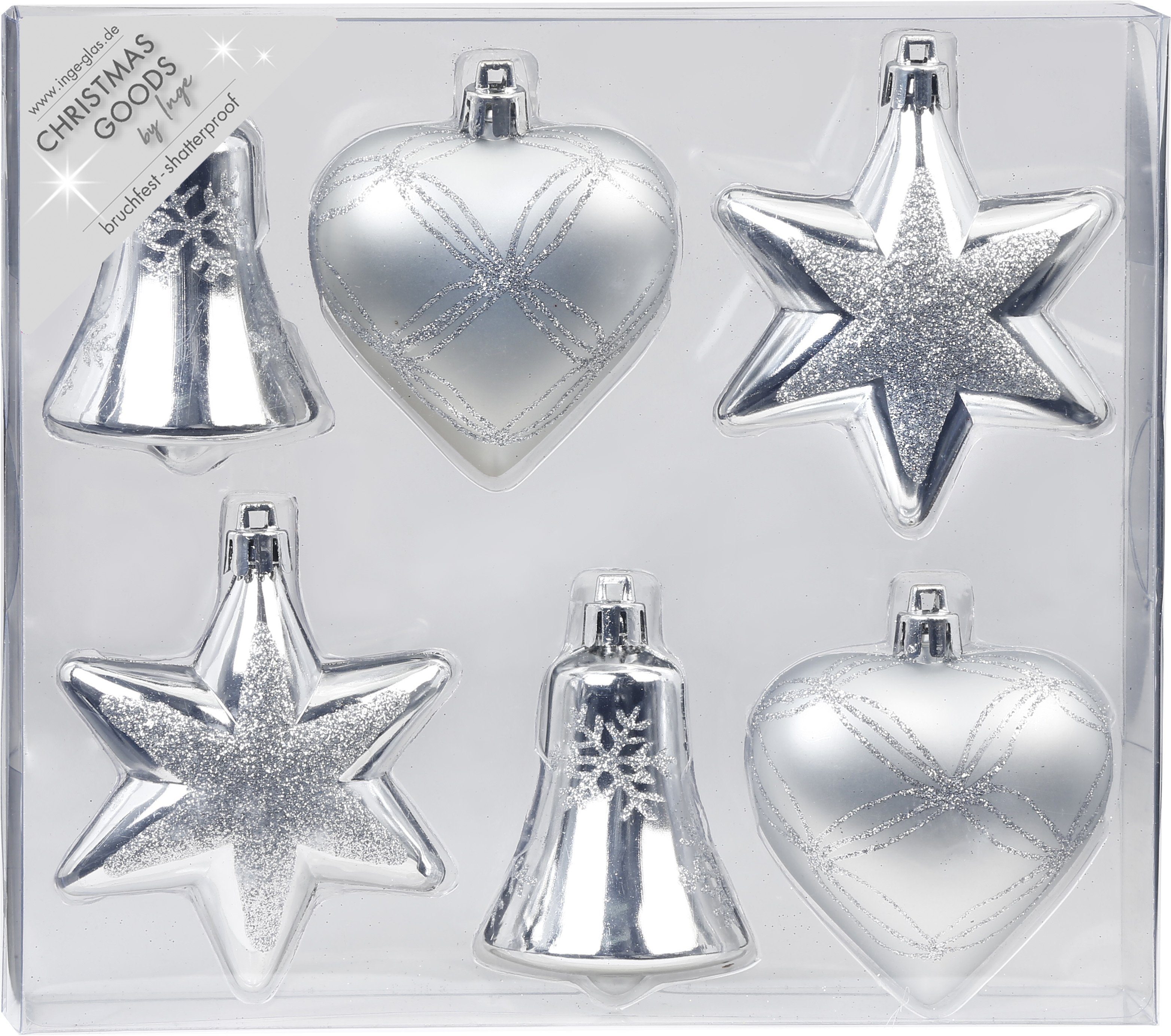 MAGIC by Inge Weihnachtsbaumkugel, Weihnachtskugeln Formen dekoriert Kunststoff 9cm 6er Set - Silber