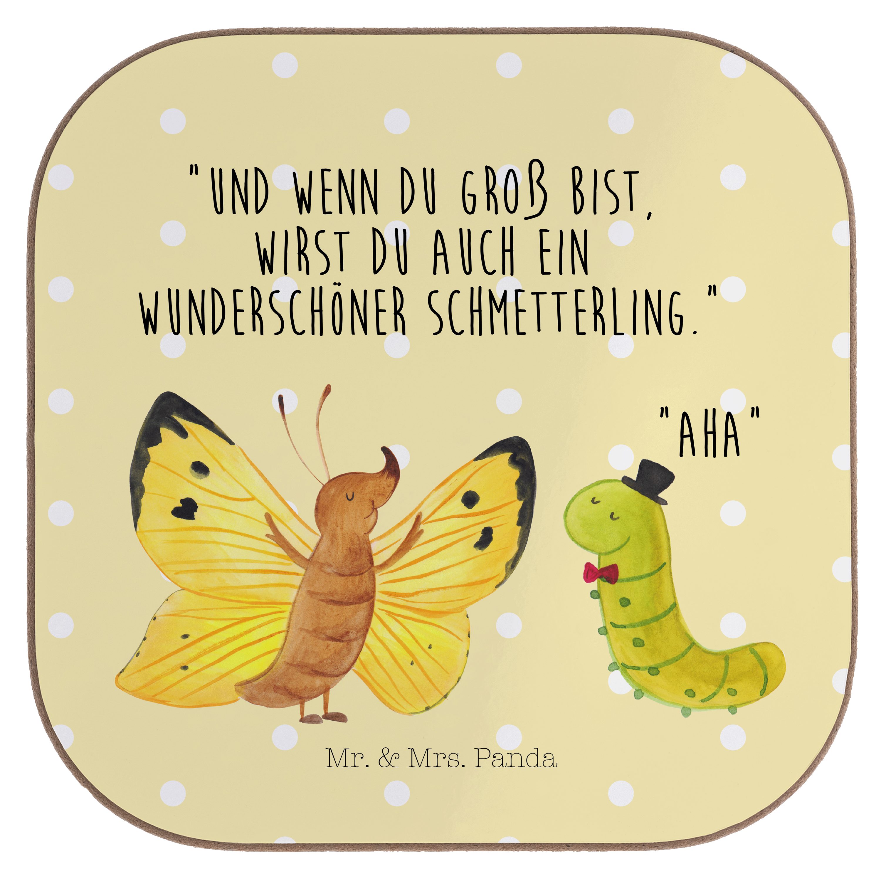 Mr. & Mrs. Panda Getränkeuntersetzer Raupe & Schmetterling - Gelb Pastell - Geschenk, Bierdeckel, Aufwachs, 1-tlg.