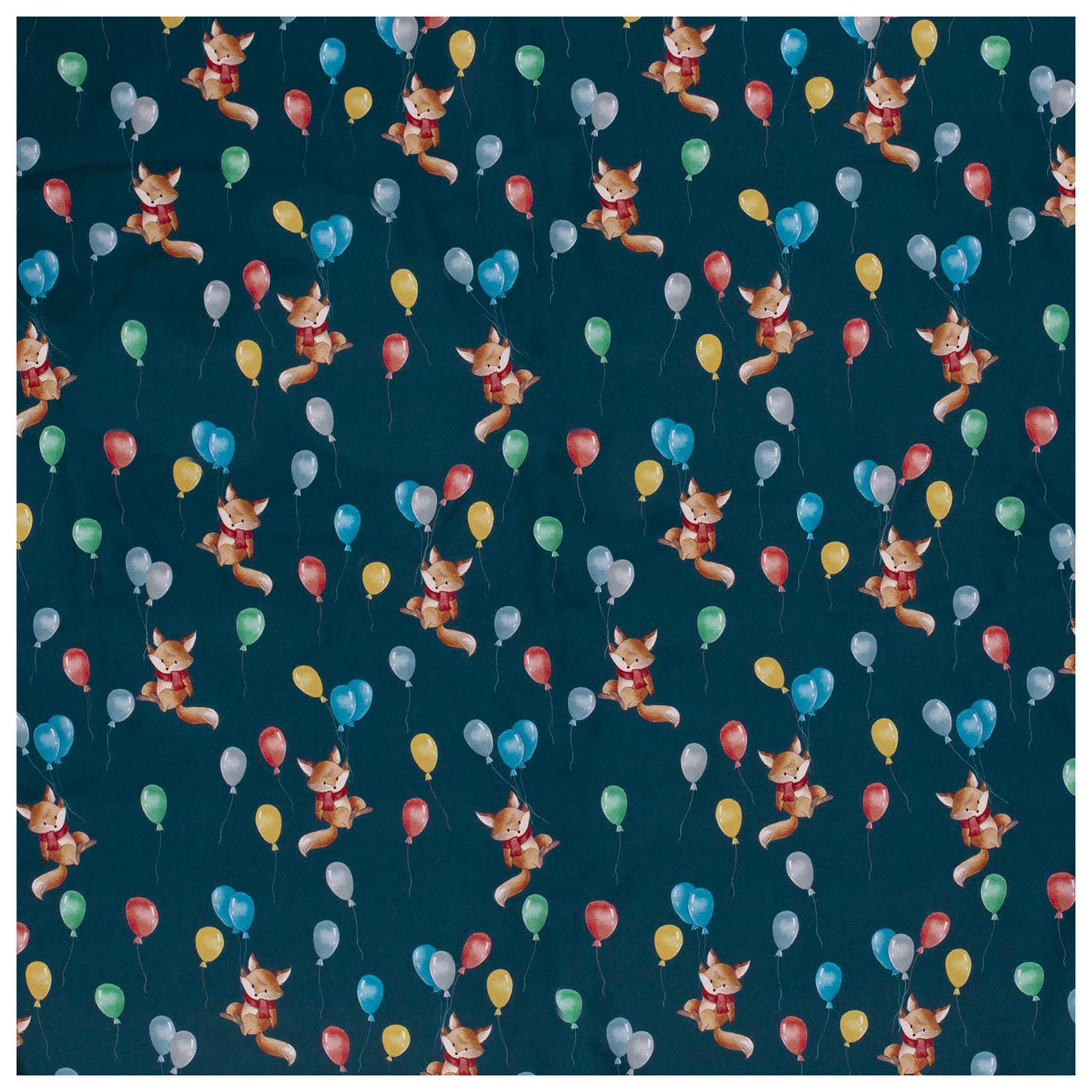 maDDma Stoff Softshell-Stoff mit Kindermotiven Outdoorstoff ab 0,5m Meterware, Fuchs mit Luftballons marineblau