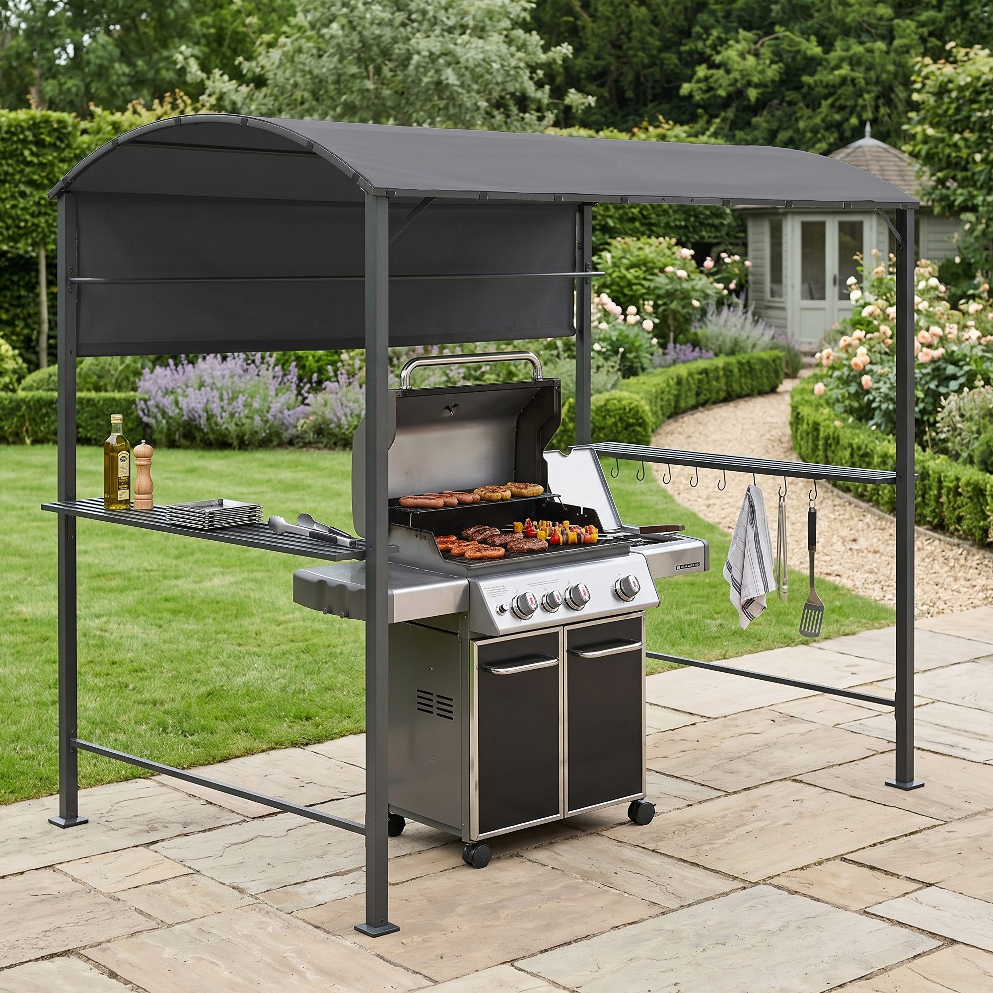 en.casa Grillpavillon, »Pyrgos« mit Runddach 215 x 220 x 140 cm Stahlgestell Dunkelgrau