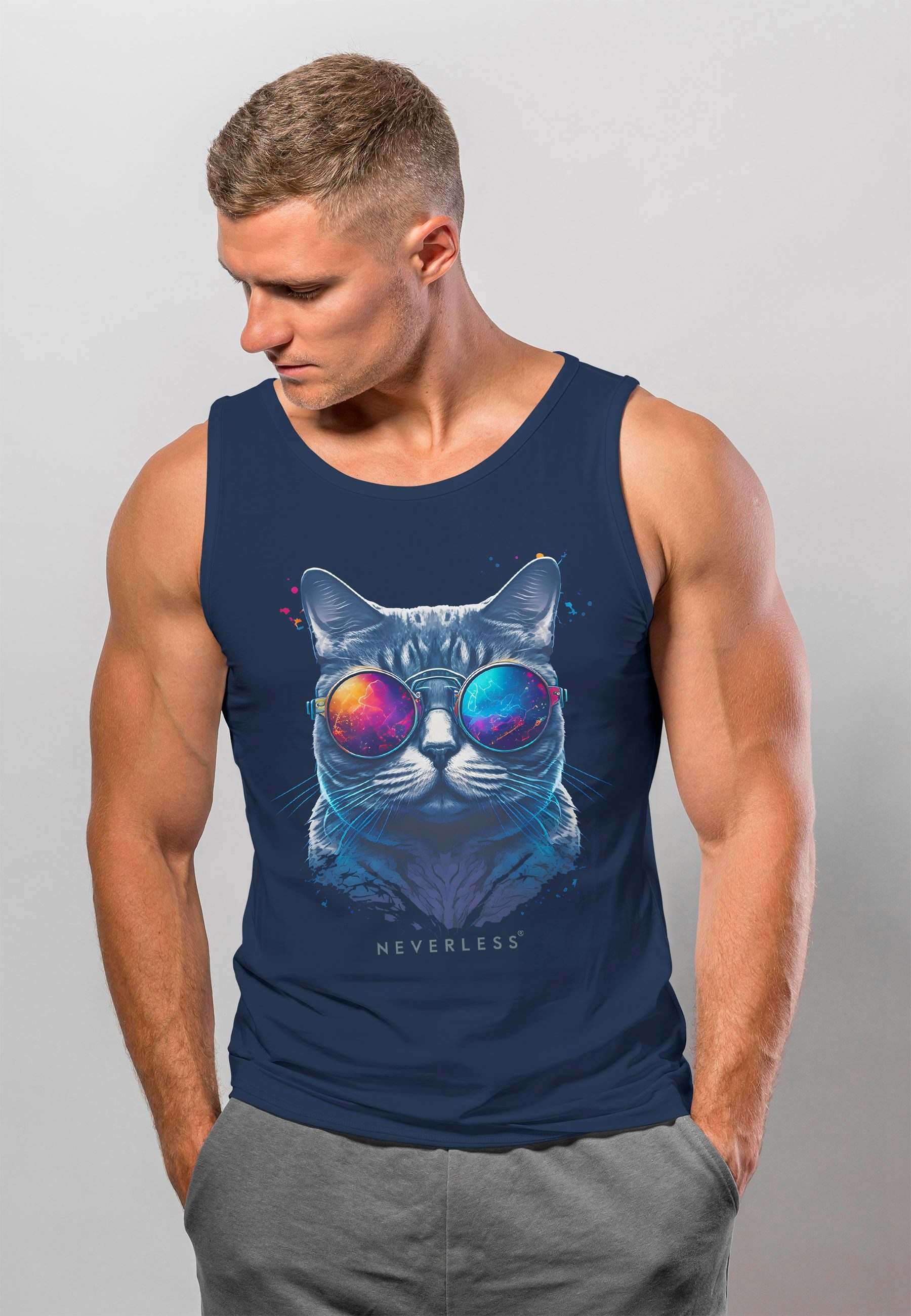 Neverless Tanktop Herren Tank-Top Aufdruck Katze Cat Sommer Style Fashion S günstig online kaufen