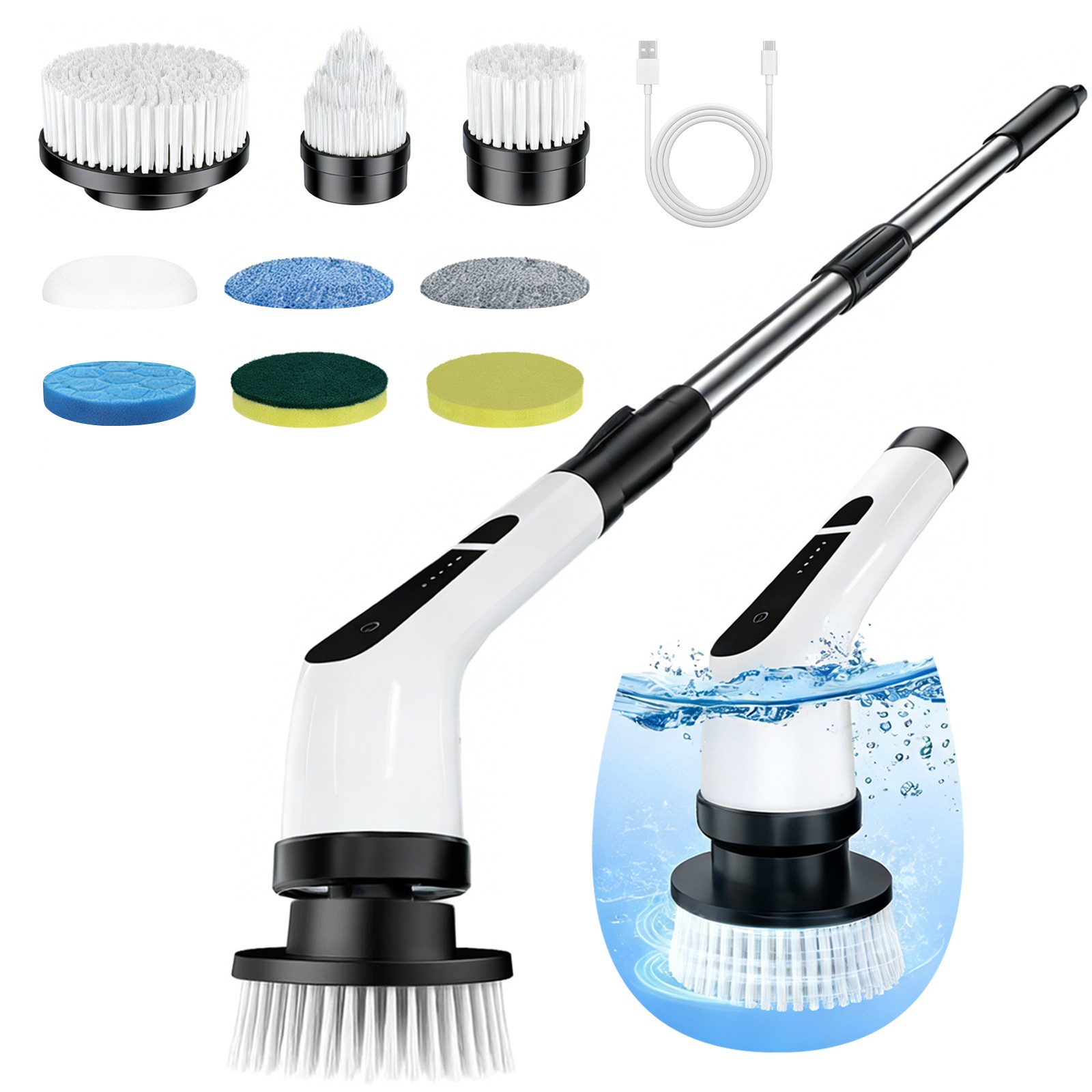 FANNOU Elektro-Oberflächenbürste 9 in 1 Electric Cleaning Brush mit austauschbaren Bohrbürstenköpfen, Putzbürste mit Verstellbarem Griff für Bad Küche Auto Fußboden