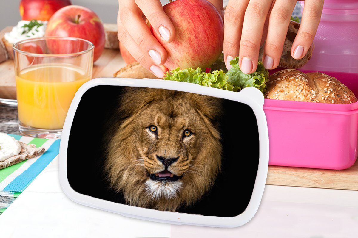 - Kunststoff, - MuchoWow Erwachsene, rosa Porträt Löwe (2-tlg), Mädchen, Tiere, Brotbox Lunchbox Schwarz Snackbox, Kinder, für - Brotdose Kunststoff