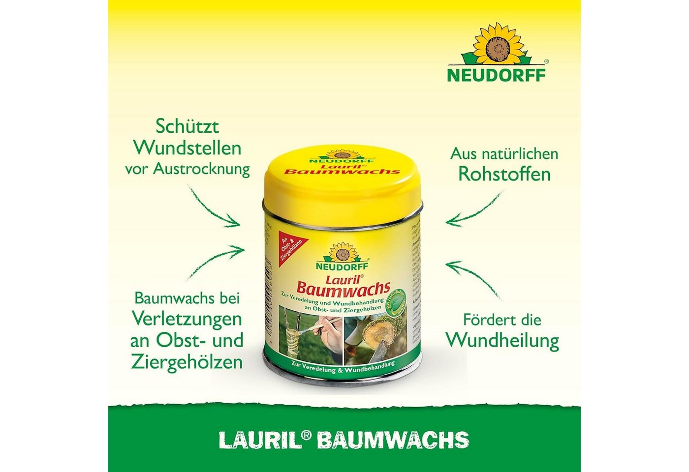 Thumbnail - Neudorff Baumwachs Lauril, 125 g, 1,00 St., Schnell-Verband für große und kleine Verletzungen an Bäumen