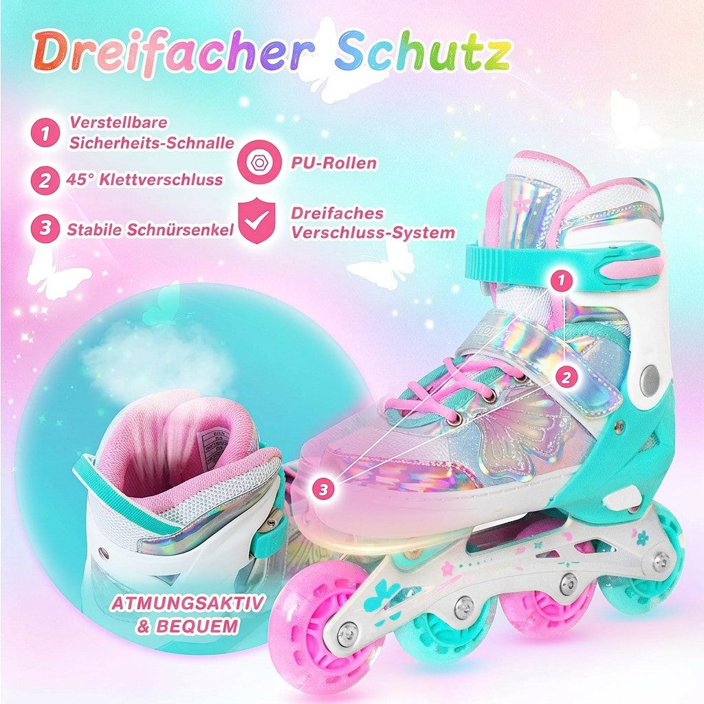 Nattork Inlineskates Kinder Inliner für Mädchen, 4 Größen verstellbar, Schmetterling Inline Rollschuhe (Größe M: 32-36 EU / 205-230 mm)