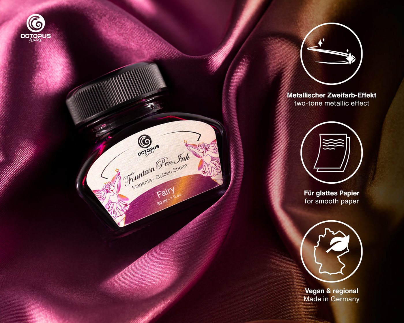 Thumbnail - OCTOPUS Fluids Fluids Füllhaltertinte Sheen m. Konverter, Fairy, Violett 30ml Tintenglas (Set, 0-tlg)