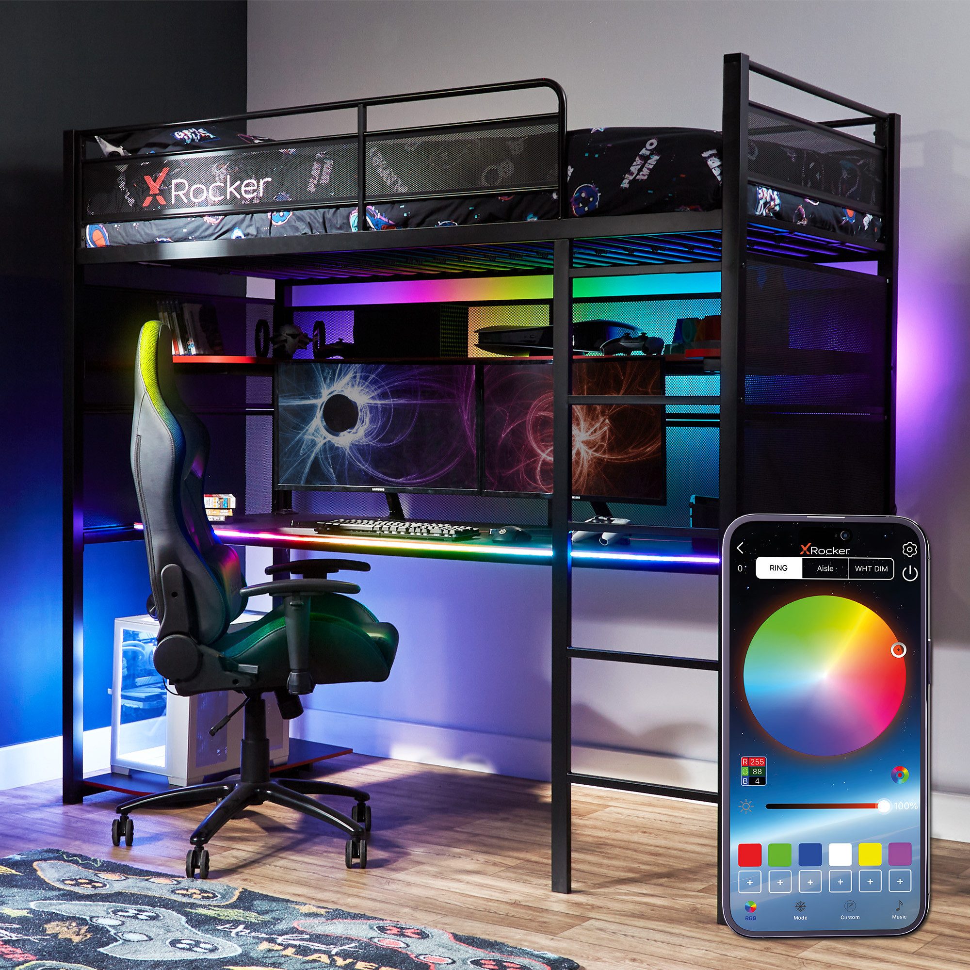 X Rocker Hochbett Battlebunk RGB - Gaming Hochbett mit Beleuchtung, & XXL-Schreibtisch