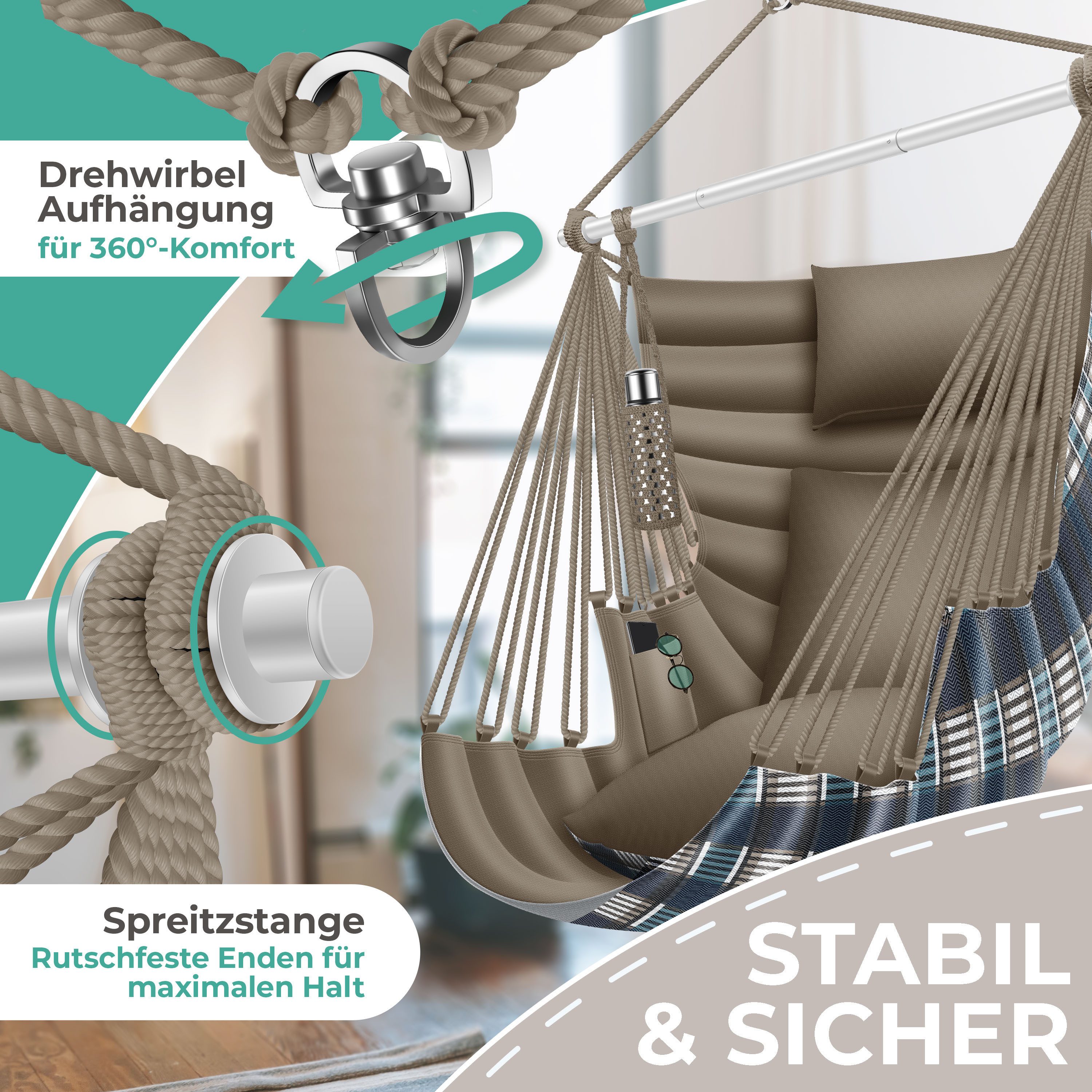 KESSER Hängesessel Haiti 150kg Traglast, Indoor & Outdoor Hängestuhl (Hängeschaukel mit 2 Kissen, Tragetasche, Flaschenhalter & Montage-Set), 360° Hängematte Pflegeleicht, UV-beständig & Wasserfest
