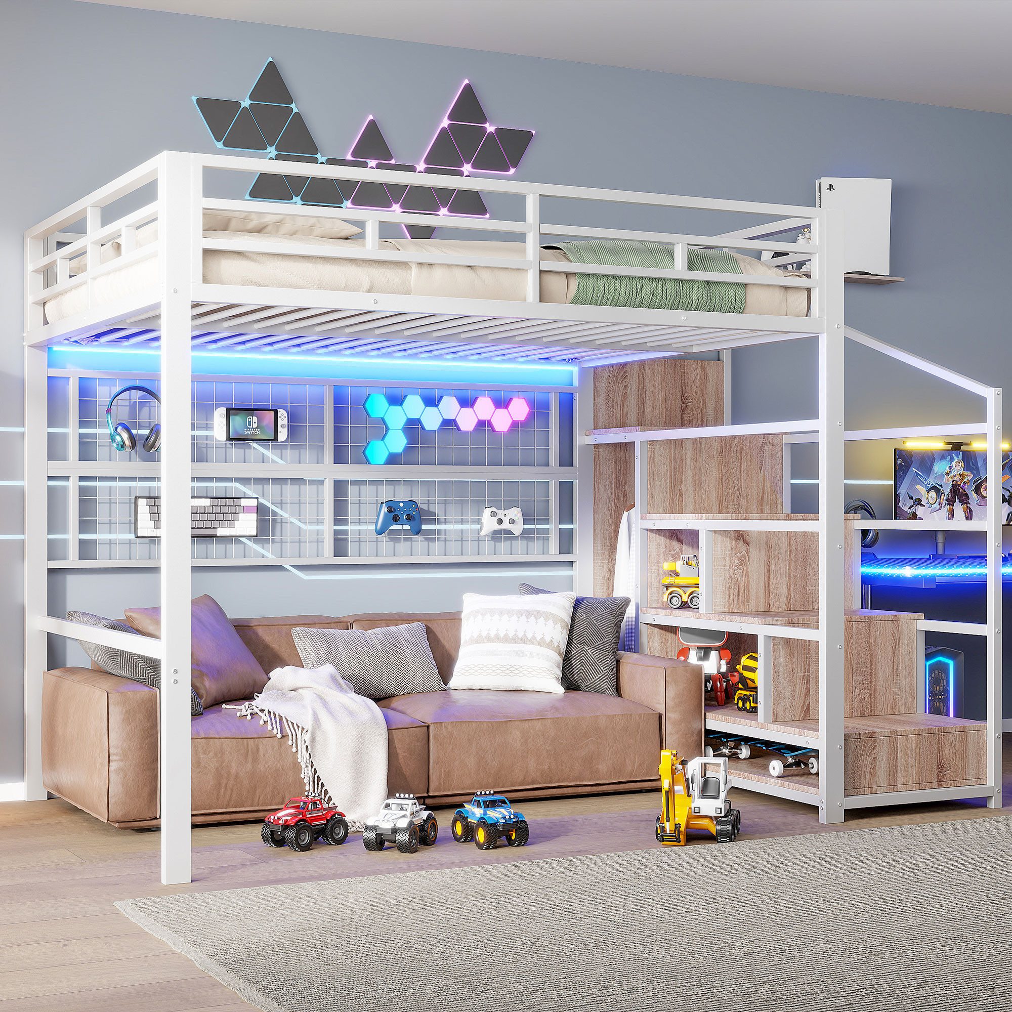 Merax Hochbett 140x200 cm mit LED-Beleuchtung (Doppelbett Jugendbett Kinder günstig online kaufen