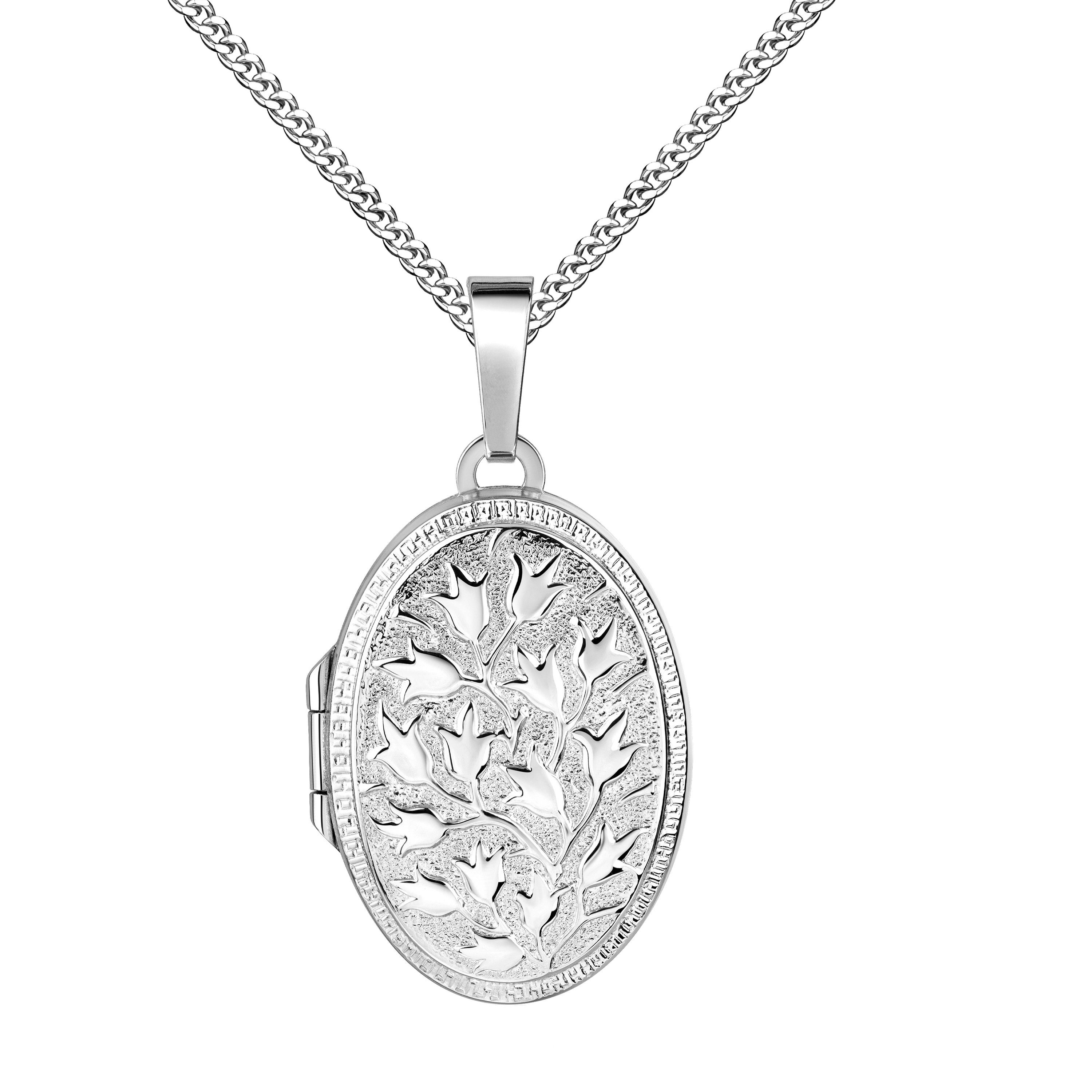 JEVELION Amulett 925 Silber Medaillon Anhänger für Bilder und Fotos mit Blumen-Ornament (Fotomedaillon, für Damen und Mädchen), Bilderamulett mit Kette - Länge wählbar 36 - 70 cm oder ohne Kette.