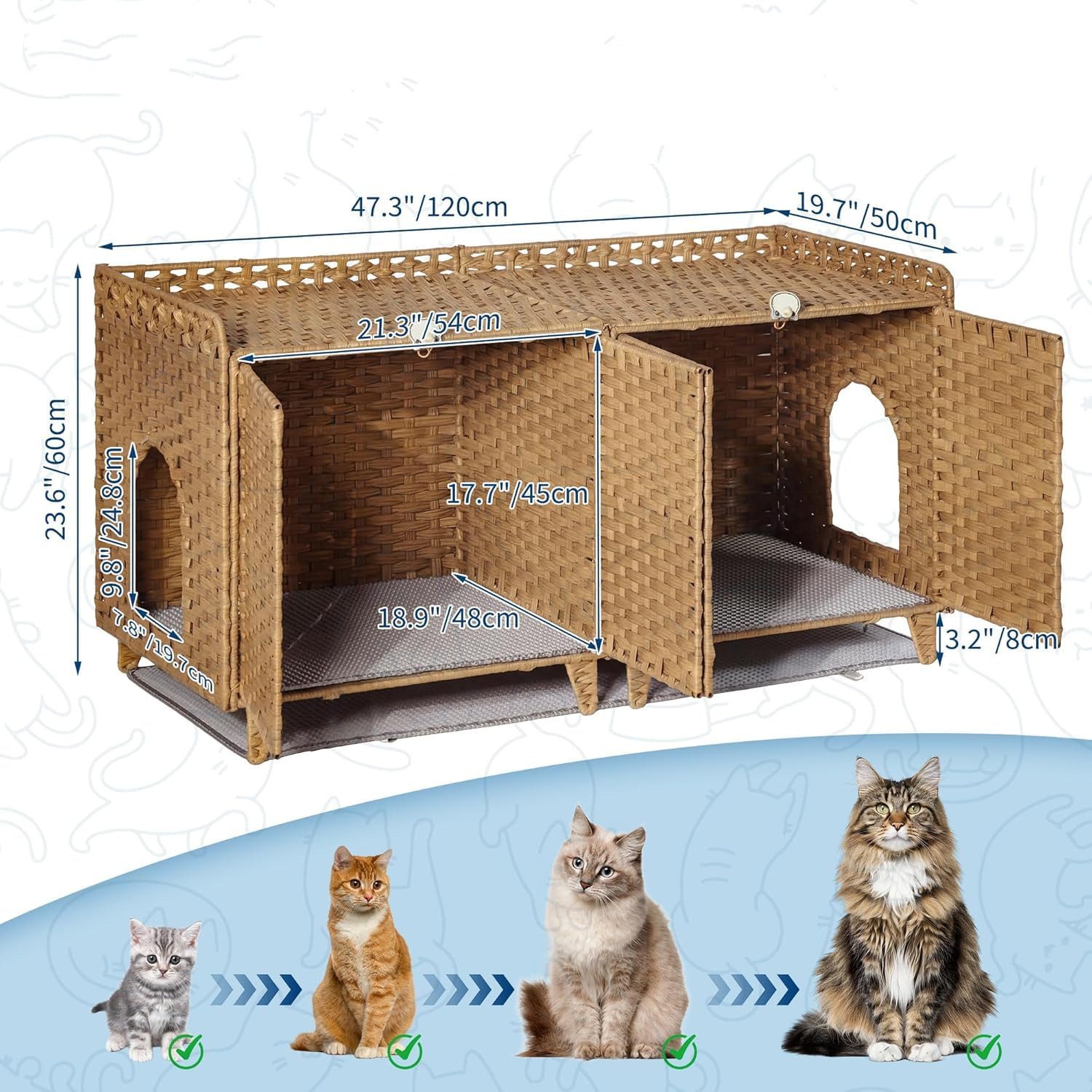 GarveeMore Katzentoilette Rattan Katzenklo Einhaus mit Tür, Matte und S-Haken, versteckte