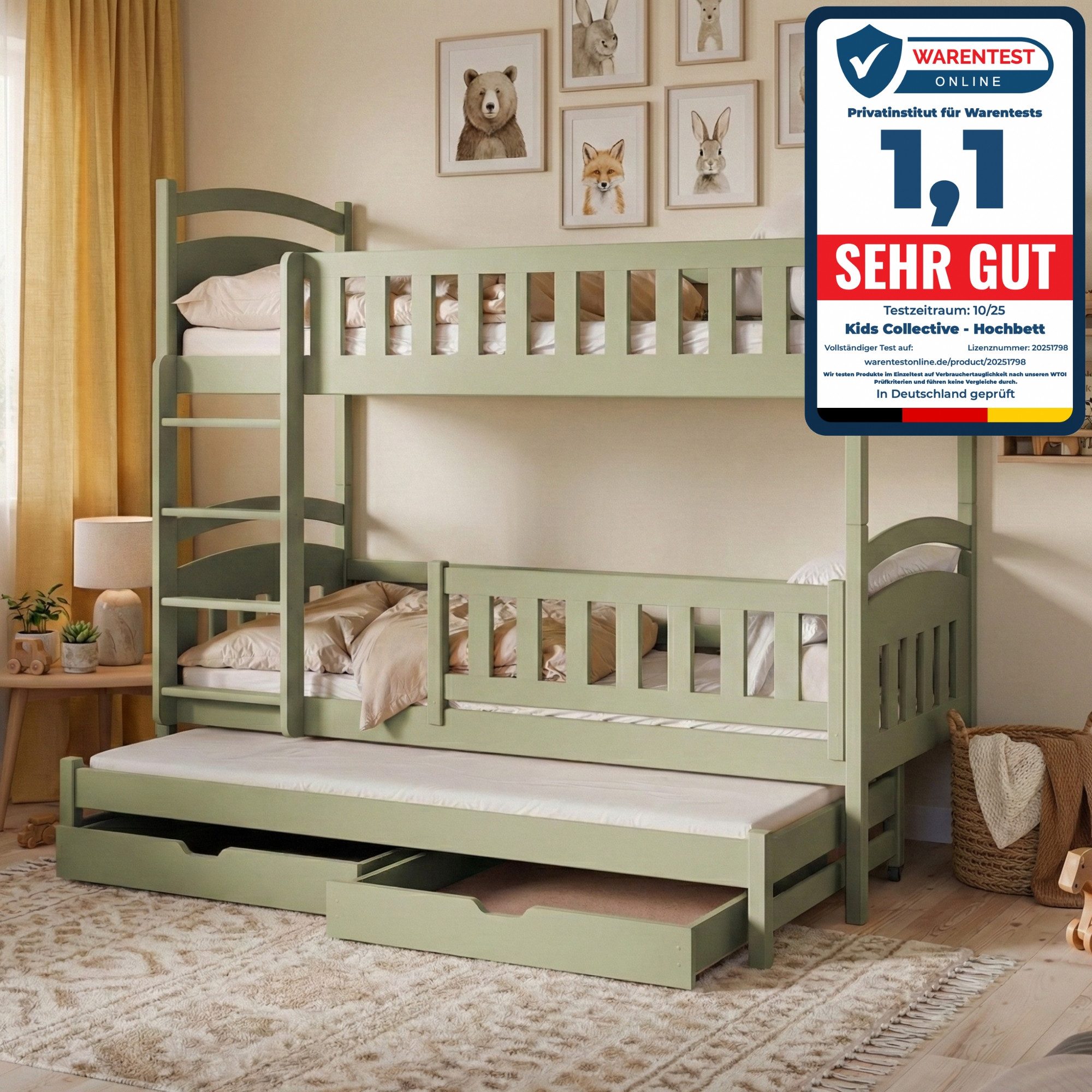 Kids Collective Etagenbett Hochbett Stockbett Kinderbett 90x200 cm mit Ausziehbett und Schubladen (Modell 2025), Umbaubar zu 3 Einzelbetten mit Lattenrosten & Rausfallschutz, Olivgrün