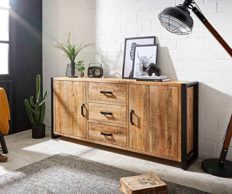 DELIFE Sideboard Crompton, Mango Natur Metall Schwarz 190 cm 2 Türen 3 Schubladen