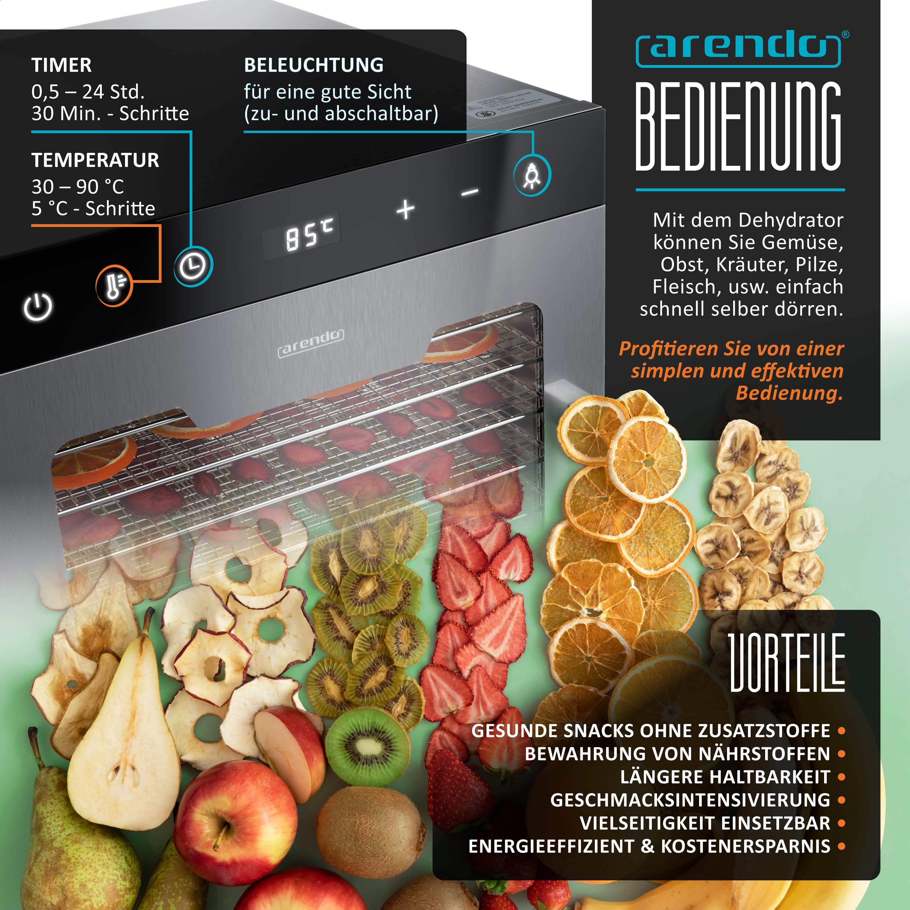 Arendo Dörrautomat Edelstahl, Temperaturregler von 30° bis 90°C, Dörrgerät, Dehydrator 800 W, 12 Etagen, Obst, Fisch, Fleisch Dörrapparat, Obsttrockner, Timer 0,5-24 Stunden