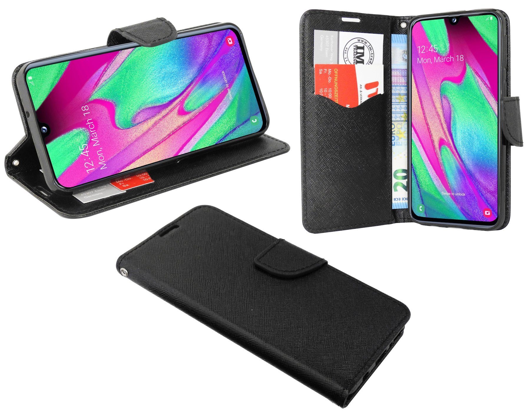 cofi1453 Handyhülle Hülle Tasche für Samsung Galaxy A40, Kunstleder Schutzhülle Handy Wallet Case Cover mit Kartenfächern, Standfunktion Schwarz