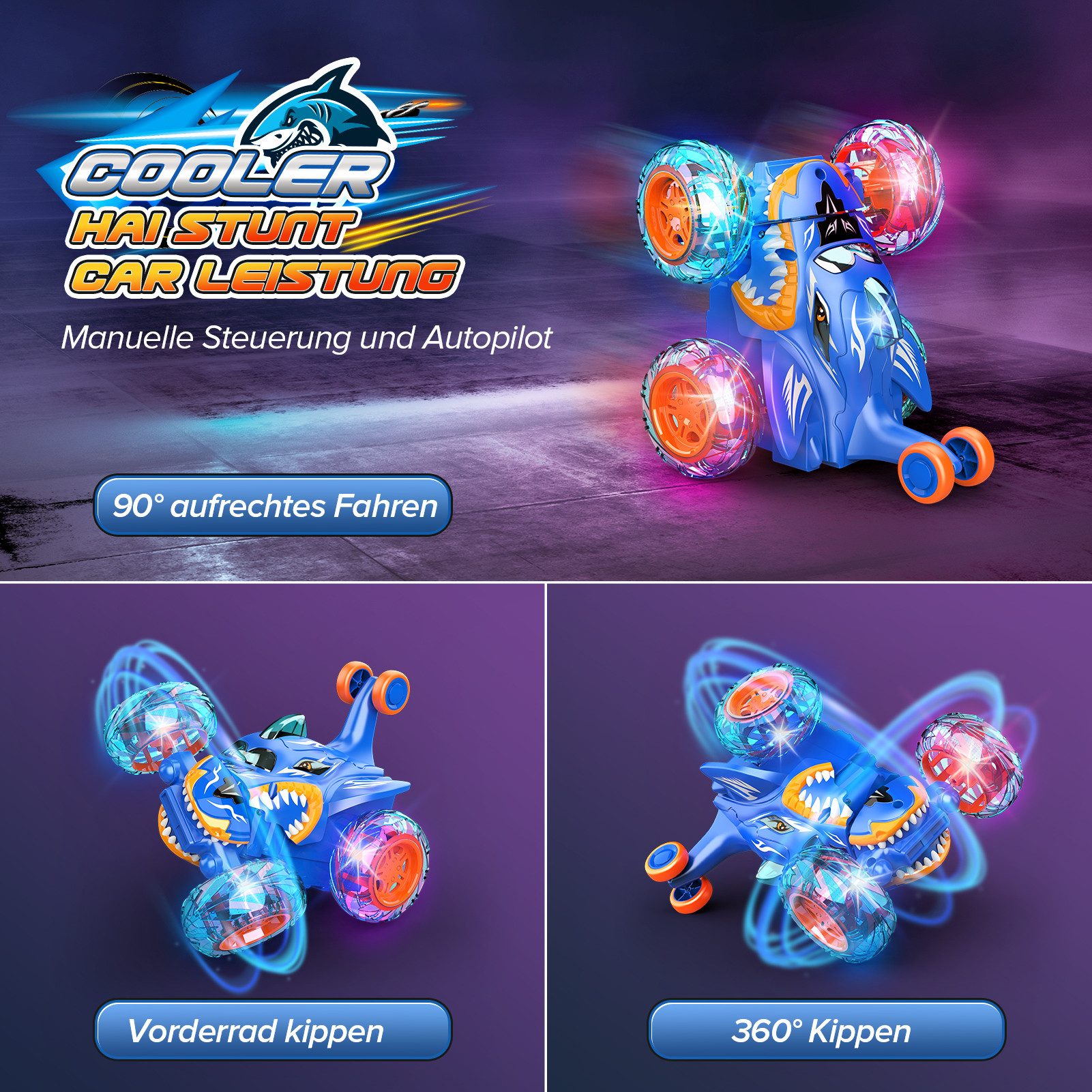 Wootoy RC-Auto Spielzeug-Auto Hai Ferngesteuertes Stuntauto mit 360°-Rotation (USB-Aufladung 4WD-Antrieb robuste Gummireifen, 1-tlg., mit 90°-Vertikalfahrten und LED-Räder), für den Innen- und Außenbereich auf verschiedenen Untergründen