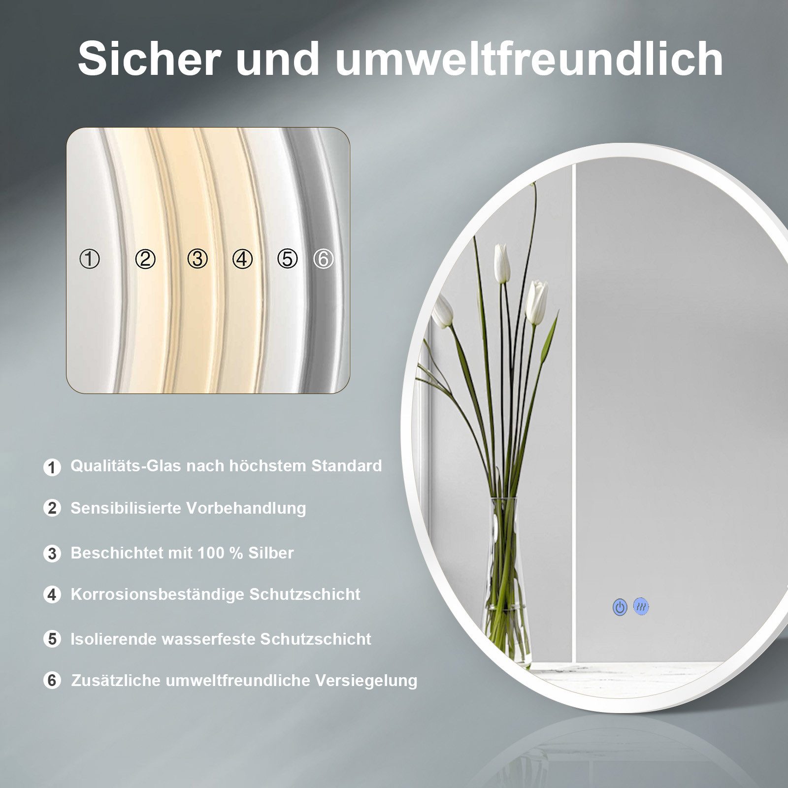 HOKO Badspiegel Wandspiegel Antibeschlage und Beleuchtung Badezimmerspiegel (Touch-Schalter Lichtspiegel)
