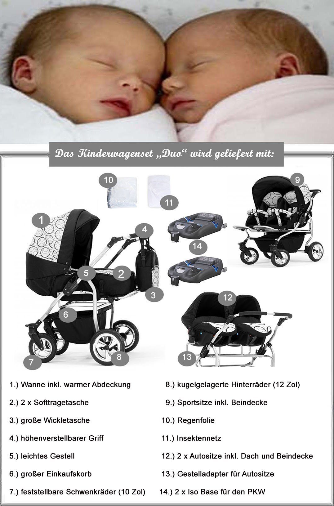 BabyMerc Zwillings-Kombikinderwagen Duo 5 in 1 inkl. Sportsitze, Autositze und Isos in 20 Farben