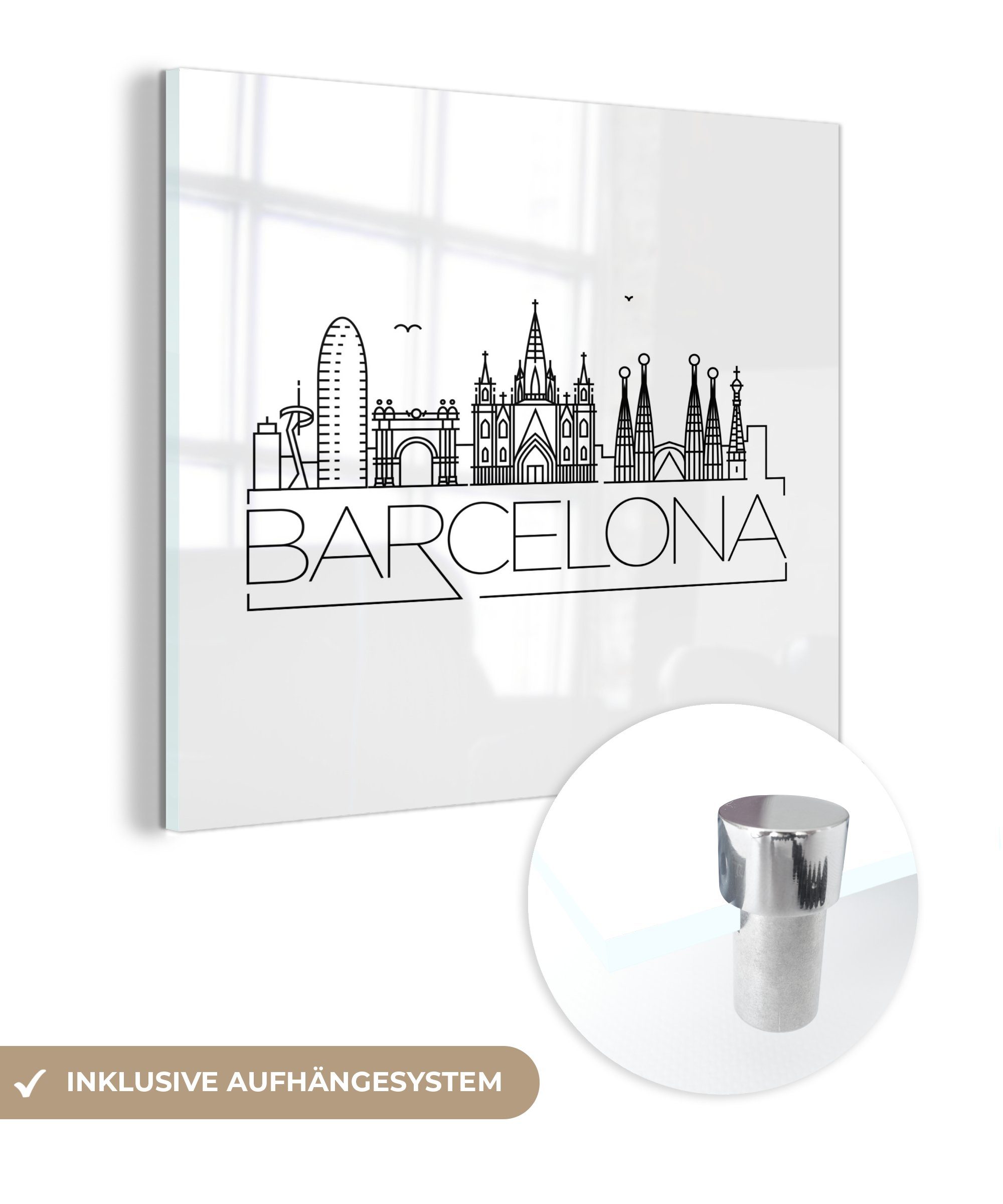 MuchoWow Acrylglasbild Skyline "Barcelona" weiß, (1 St), Glasbilder - Bilder auf Glas Wandbild - Foto auf Glas - Wanddekoration