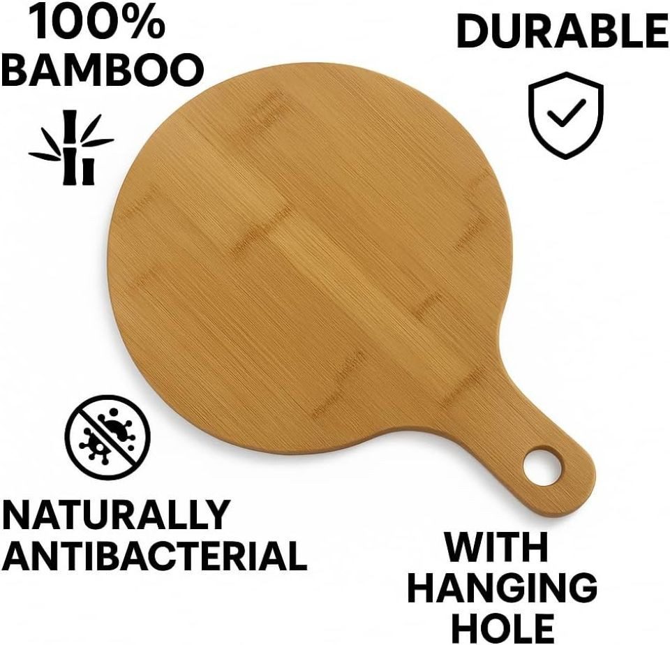 hausleben Pizzateller Bambus Pizzateller für Pizza, Flammkuchen und Antipasti, (2 St), 25,5 cm mit Griff, rundes Pizzabrett Schneidebrett Servierbrett – Bild 5 von 5