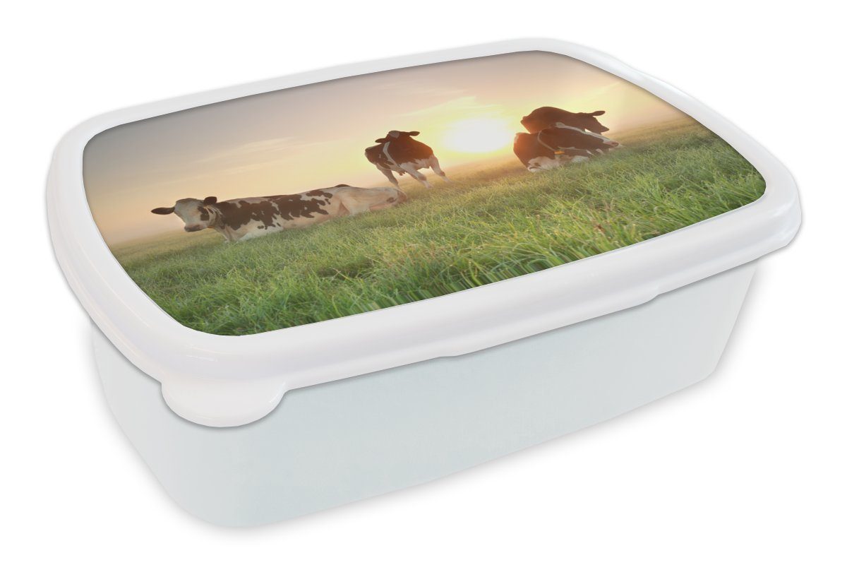 MuchoWow Lunchbox Kuh - Sonne - Gras, Kunststoff, (2-tlg), Brotbox für Kinder und Erwachsene, Brotdose, für Jungs und Mädchen weiß