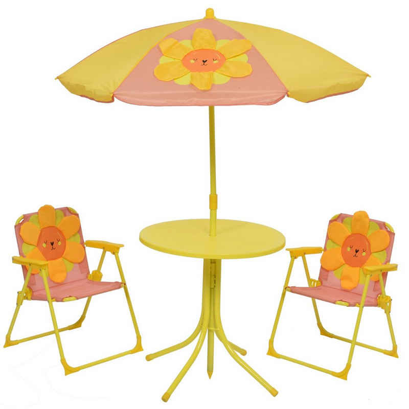 MARELIDA Kindersitzgruppe Blume YOKO 2 Stühle Tisch Sonnenschirm Gartenmöbel für Camping 4tlg., (4-tlg)