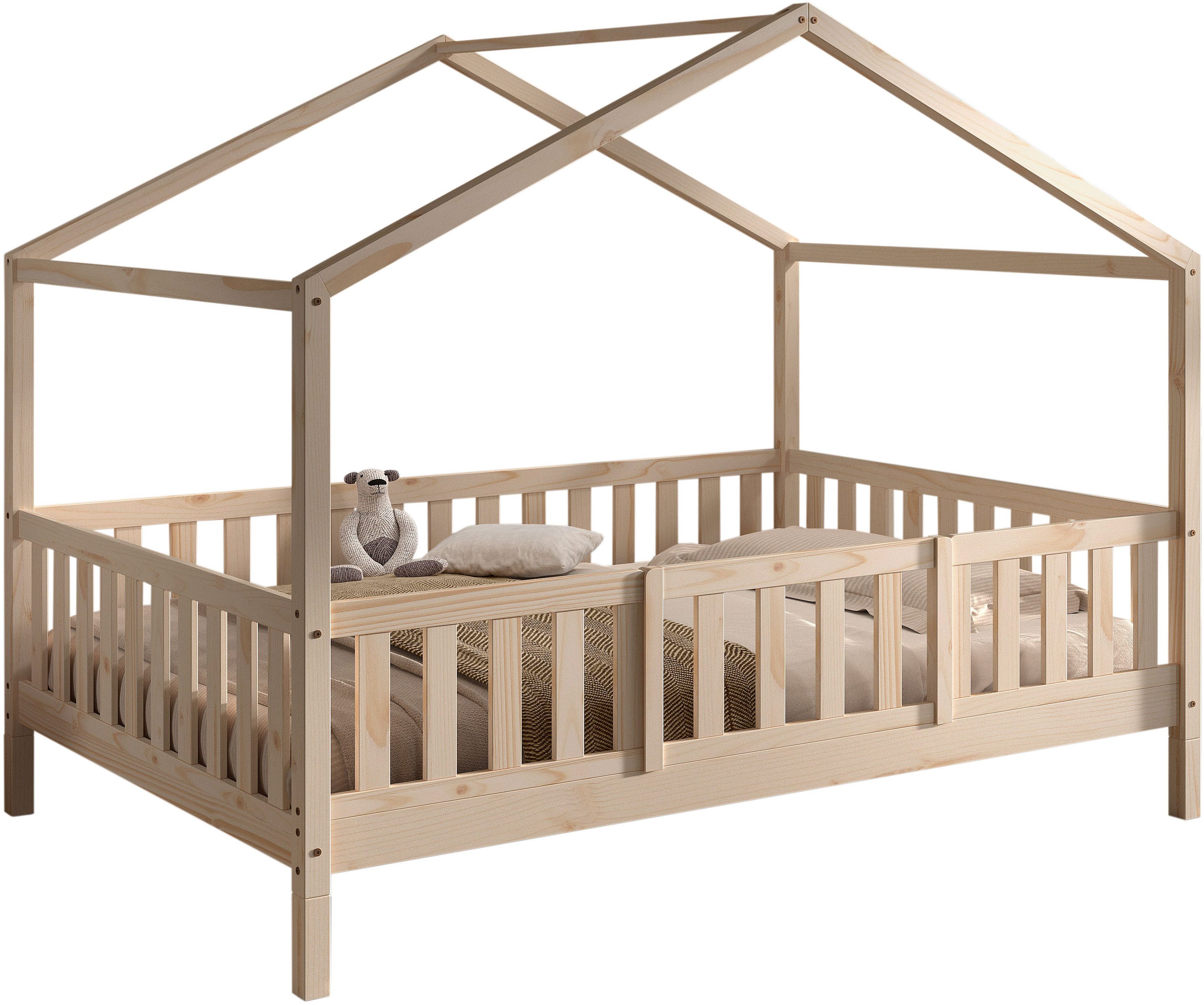Vipack Hausbett Dallas, Massivholzbett mit Dachaufbau umbaubar vom Boden- zum Daybett (inkl. Rolllattenrost und Sprossenumrandung, 140x200 cm breit), mit Bettschublade, wahlweise Kiefer massiv natur oder weiß