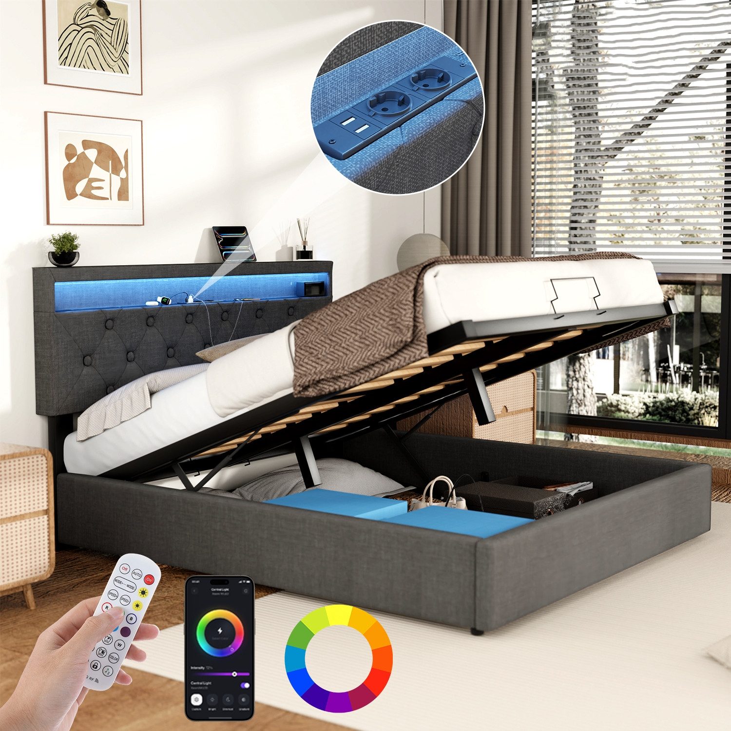 oyajia Polsterbett Doppelbett mit Steckdosen & LED Beleuchtung,Hydraulische günstig online kaufen