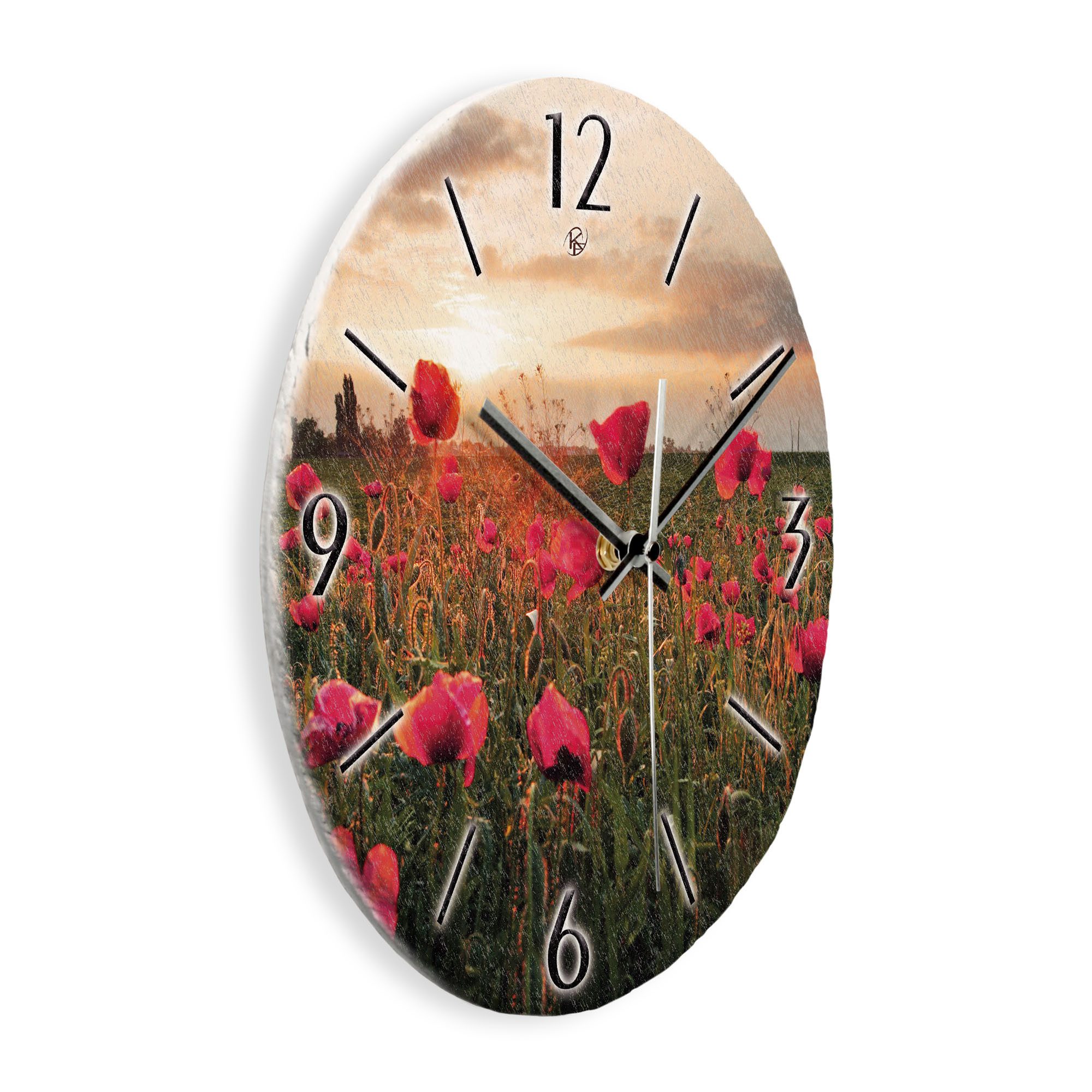 Kreative Feder Wanduhr Wanduhr „Mohnblumen-Feld“ aus Stein (Keramik) in Schiefer-Optik (ohne Ticken; Funk- oder Quarzuhrwerk; ⌀ 30cm; außergewöhnlich)