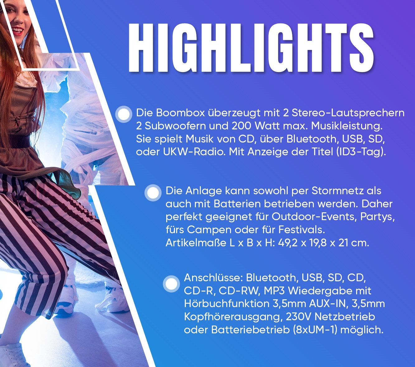 Reflexion CDR900BT Boombox (UKW-Radio, 200 W, Ghettoblaster, LED Discolicht, CD-Player, Equalizer, Bluetooth) – Bild 5 von 5