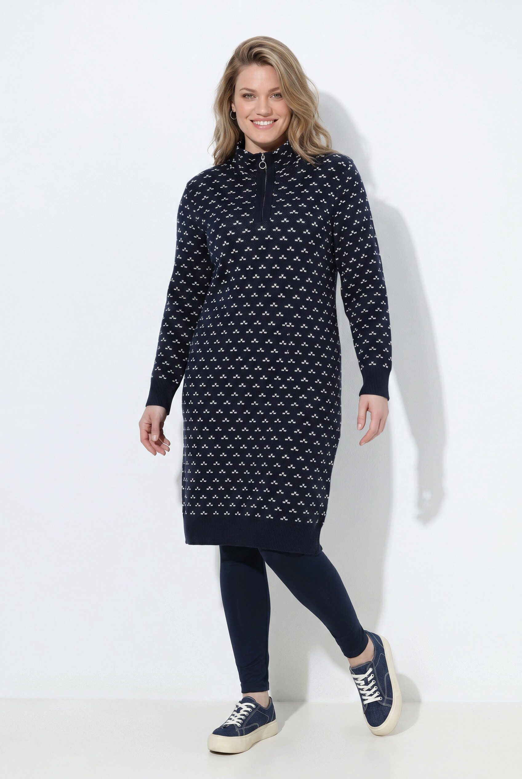 Ulla Popken Midikleid Strickkleid Punkte Troyerkragen Langarm